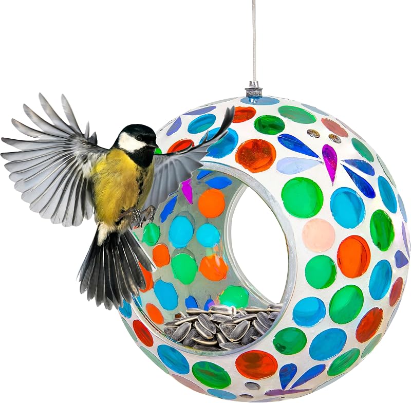 Sunnydaze Comedero para pájaros de vidrio con mosaico, para volar, Sueños de libélula | Comedero para pájaros colgante único y pequeño de 6 pulgadas para exteriores, orificio de drenaje, resistente a la intemperie, comedero para pájaros para cardenales, arrendajos y pinzones