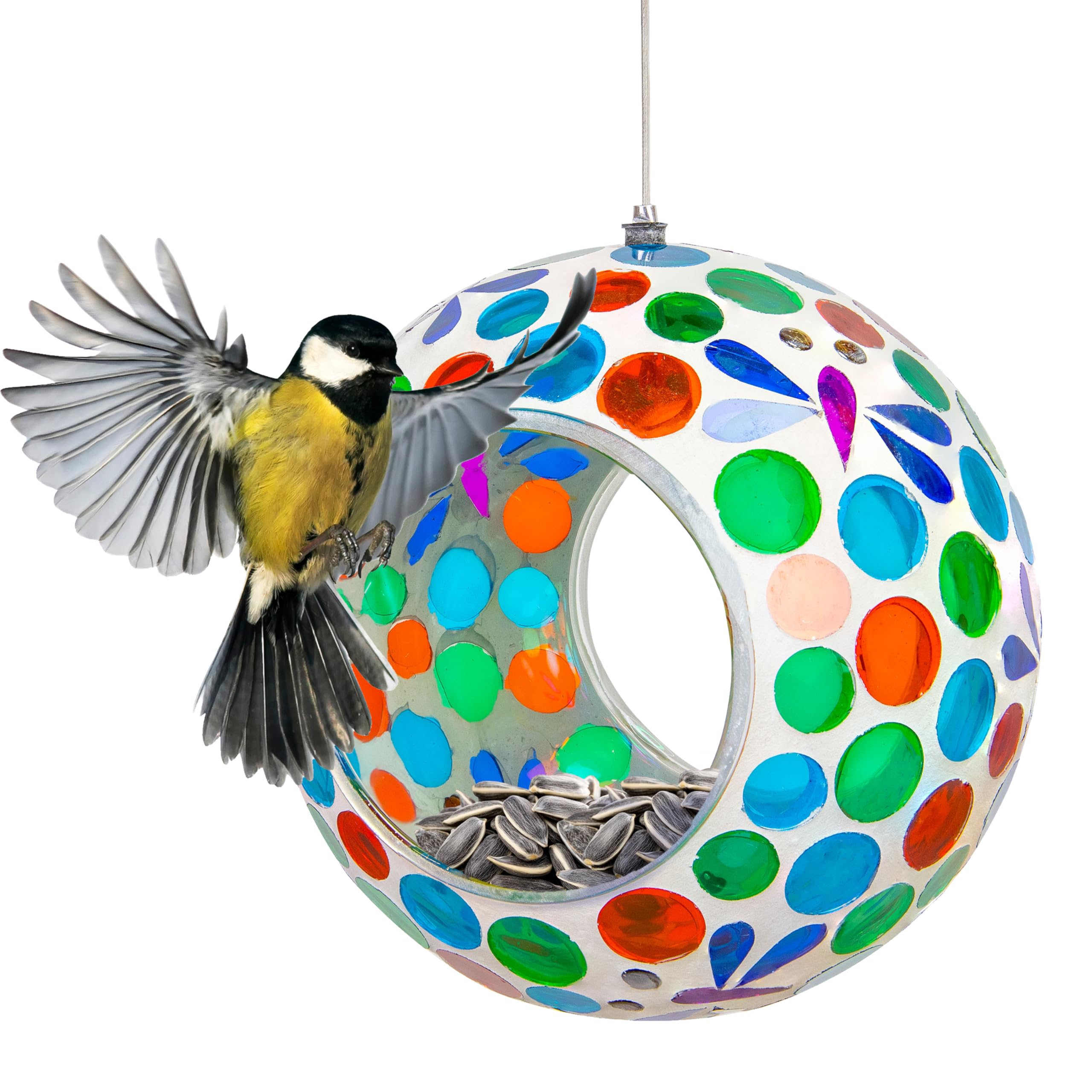 Sunnydaze 6-Inch Glass Mosaic Hanging Bird Feeder for Outdoors - Fly-Through Wild Bird Feeder - Dragonfly Dreams