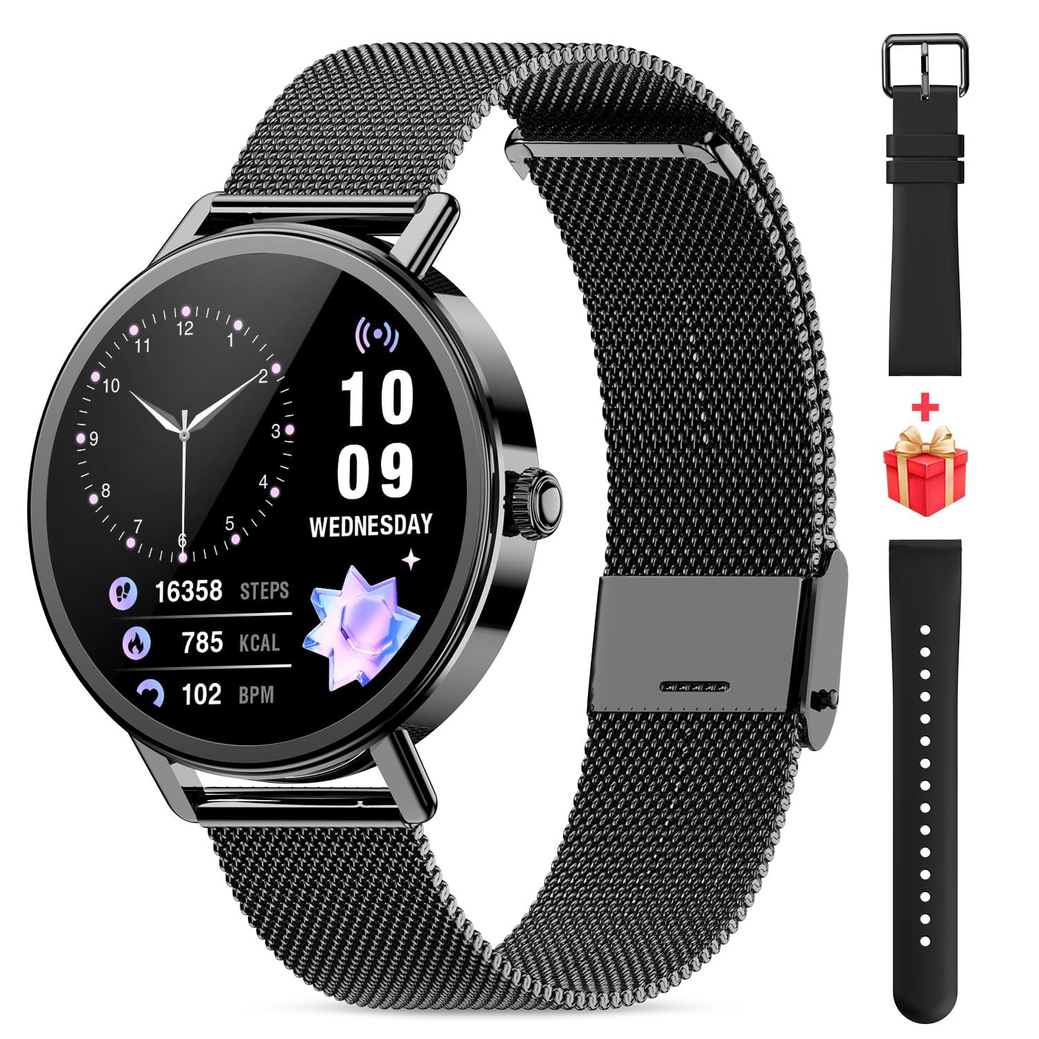 Smart Watches for Women Android iPhone(Answer/Make Calls), HD Screen Fitness Tracker with Heart Rate/Sleep Monitor/100+ Sport Modes, IP68 Waterproof, AI Voice Built-in, 2 Straps (Metal + Silicone) Black