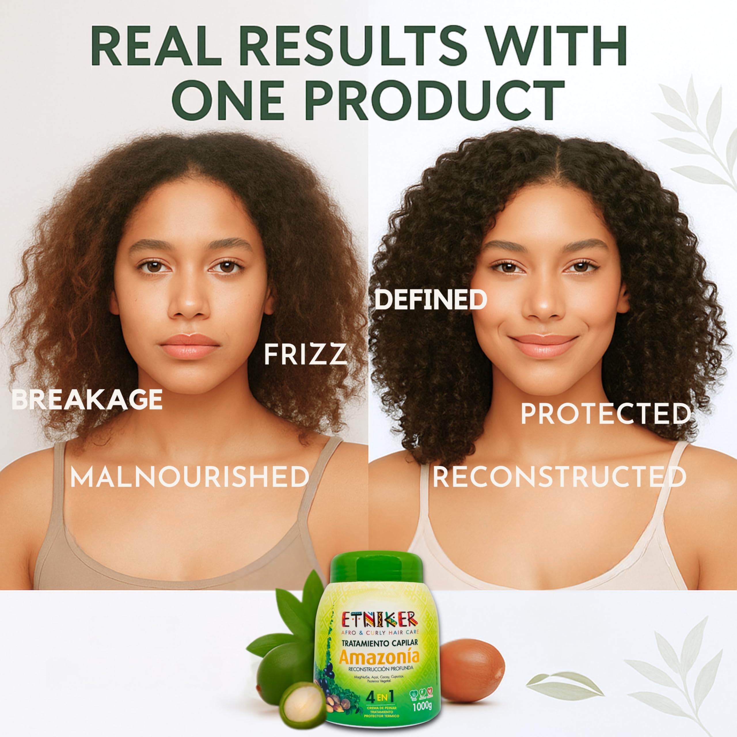 Etniker Amazonia, mascarilla para el cabello rizado, tratamiento de restauración de rizos, profesional - cabello rizado sin enjuague, crema acondicionador sin enjuague. Calidad de peluquería. 33 oz 3