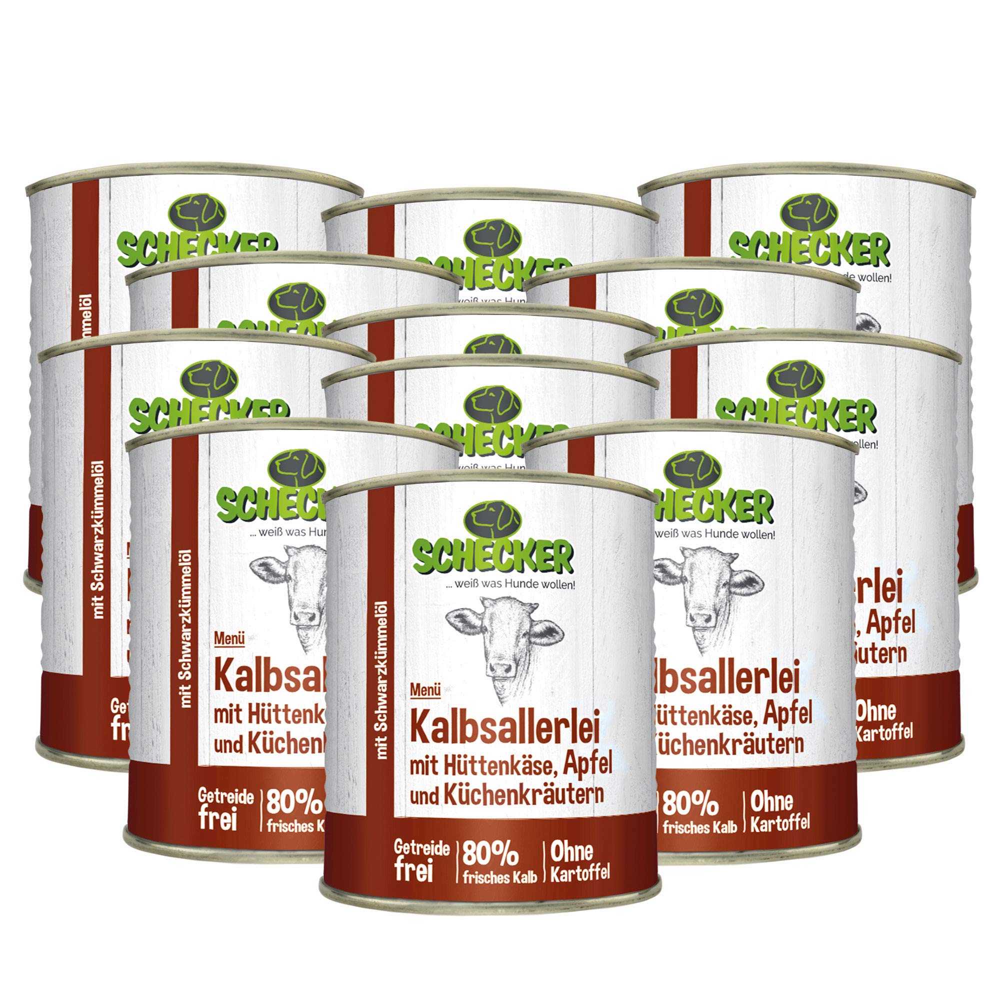 Nassfutter Kalbsallerlei mit Hüttenkäse, Apfel, Kräuter (820g (12er Pack)) | Ohne Getreide, und künstliche Zusatzstoffe