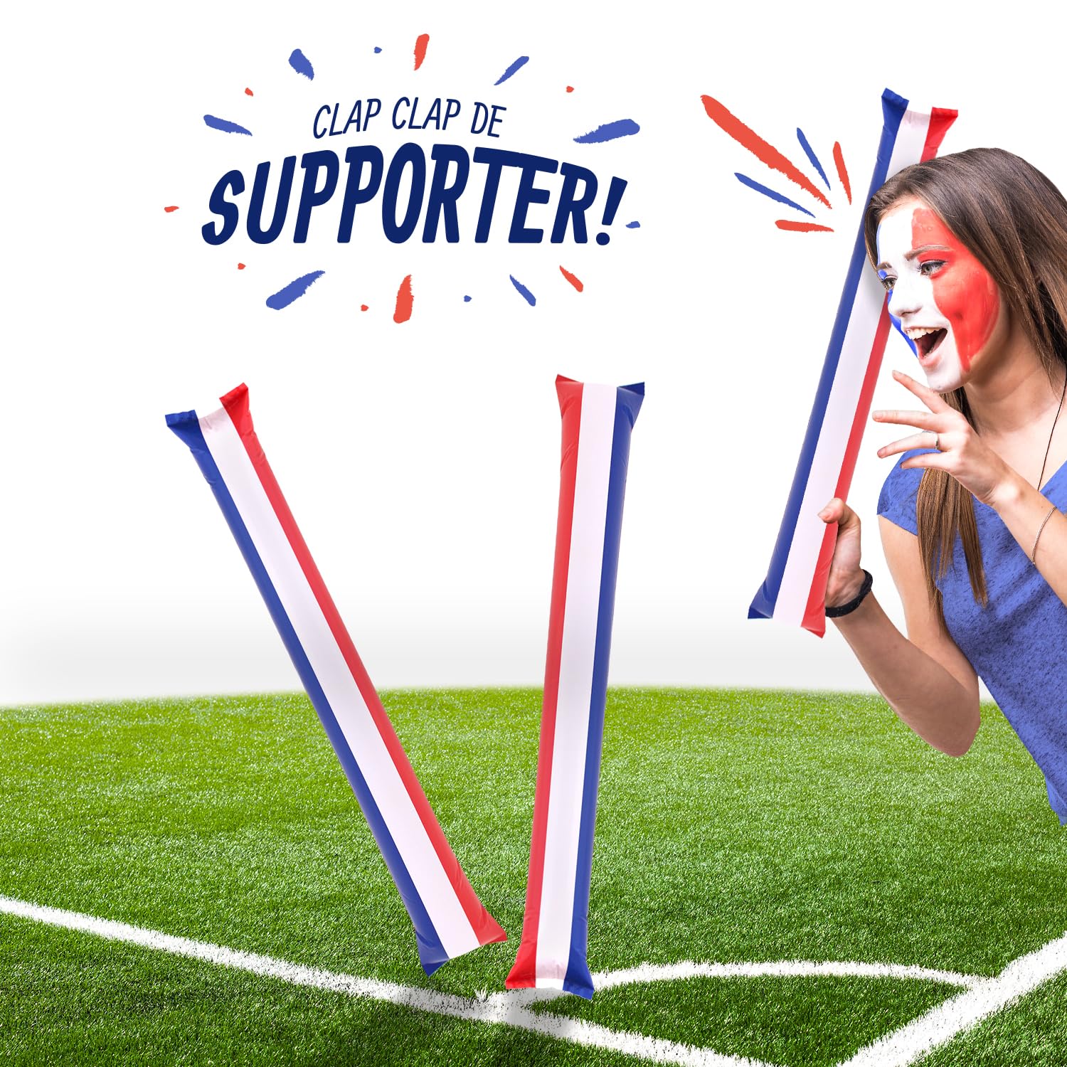 French Tendance Paire de Clap Clap Baton Gonflable Supporter France Bleu Blanc Rouge Tube Plastique 60 x 10 x 10 cm