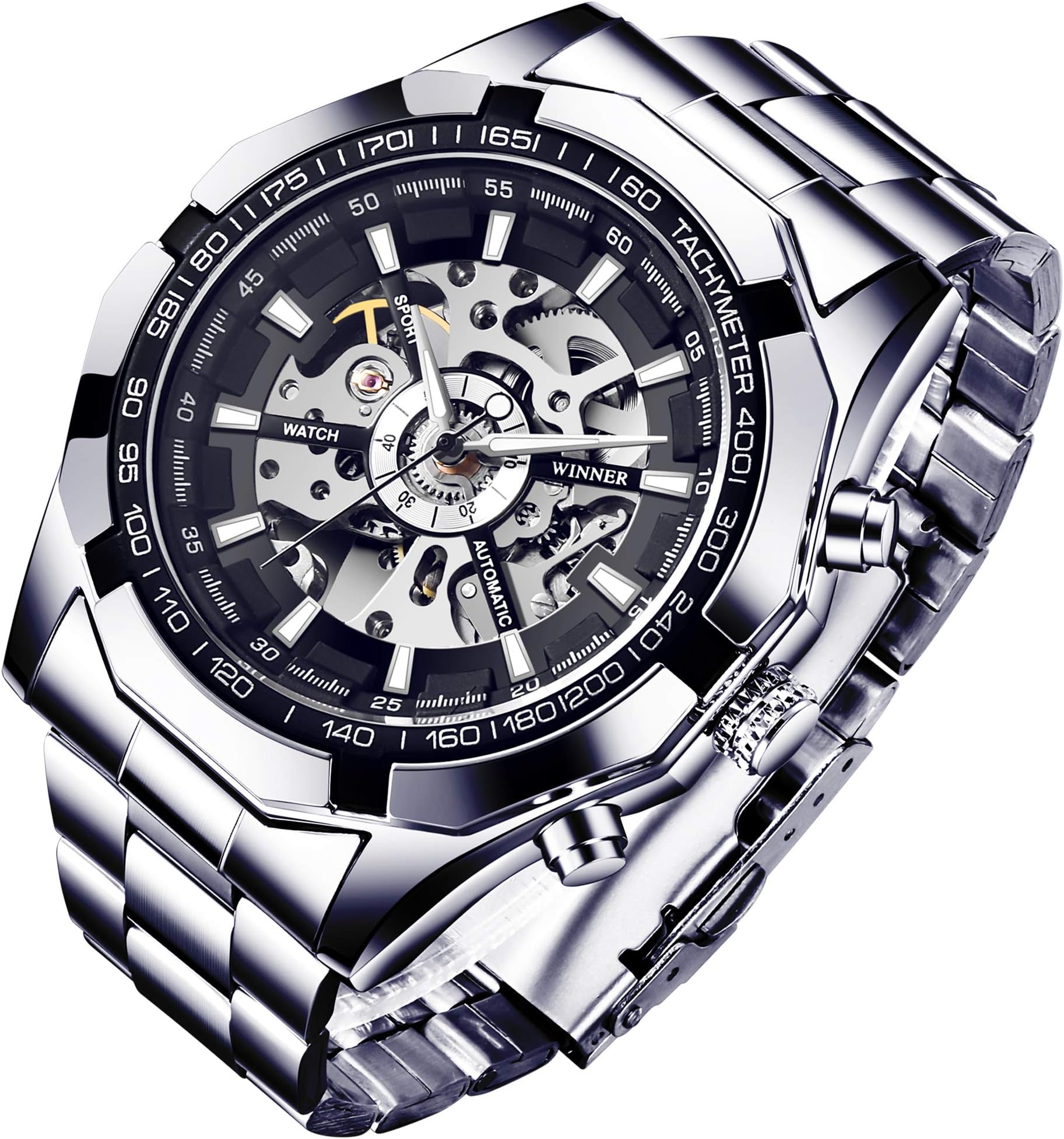 Watch for Men,Men Automatic Mechanical Wristwatch Luminous Hands Skeleton Silver Black