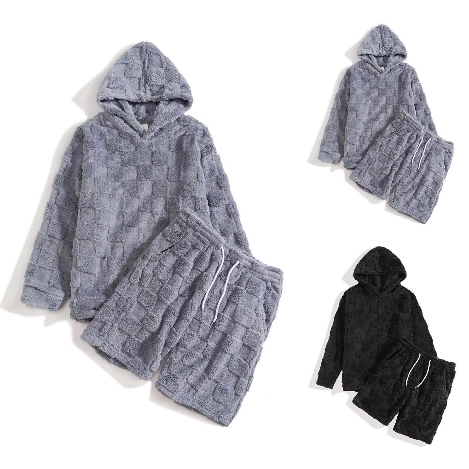 Generisch Fleece Herren Pyjama Anzug Warm und Bequem Hausanzug 2-teiliger Freizeitanzug mit Kapuzen Sweatshirt Hose Winter Dicke Schlafanzug Plüsch Zweiteiliger Schlafanzüge Flauschiger Set