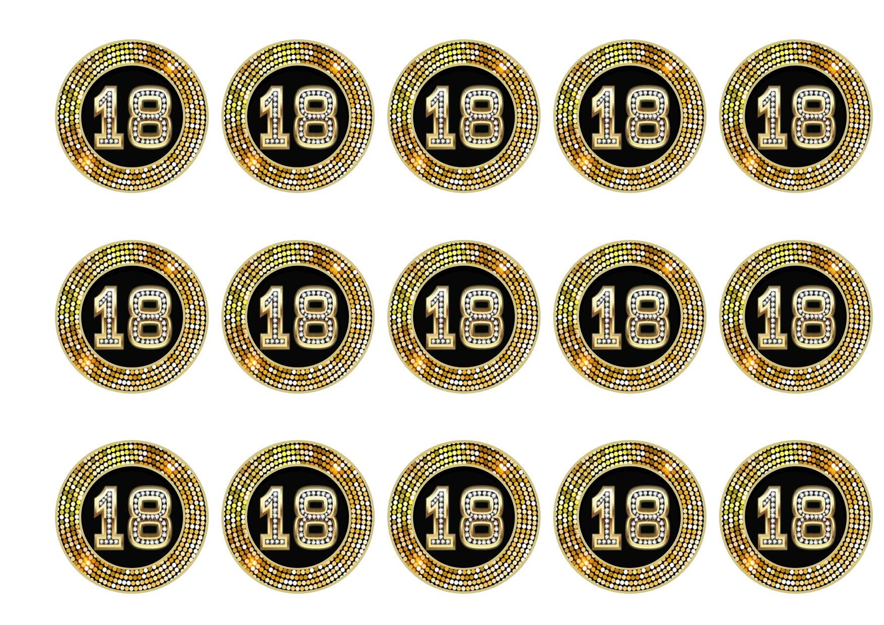 18th Birthday Gold and Black Cupcake Icing, Wafer or Wafer Card 15 x 2 inch Toppers (Icing)