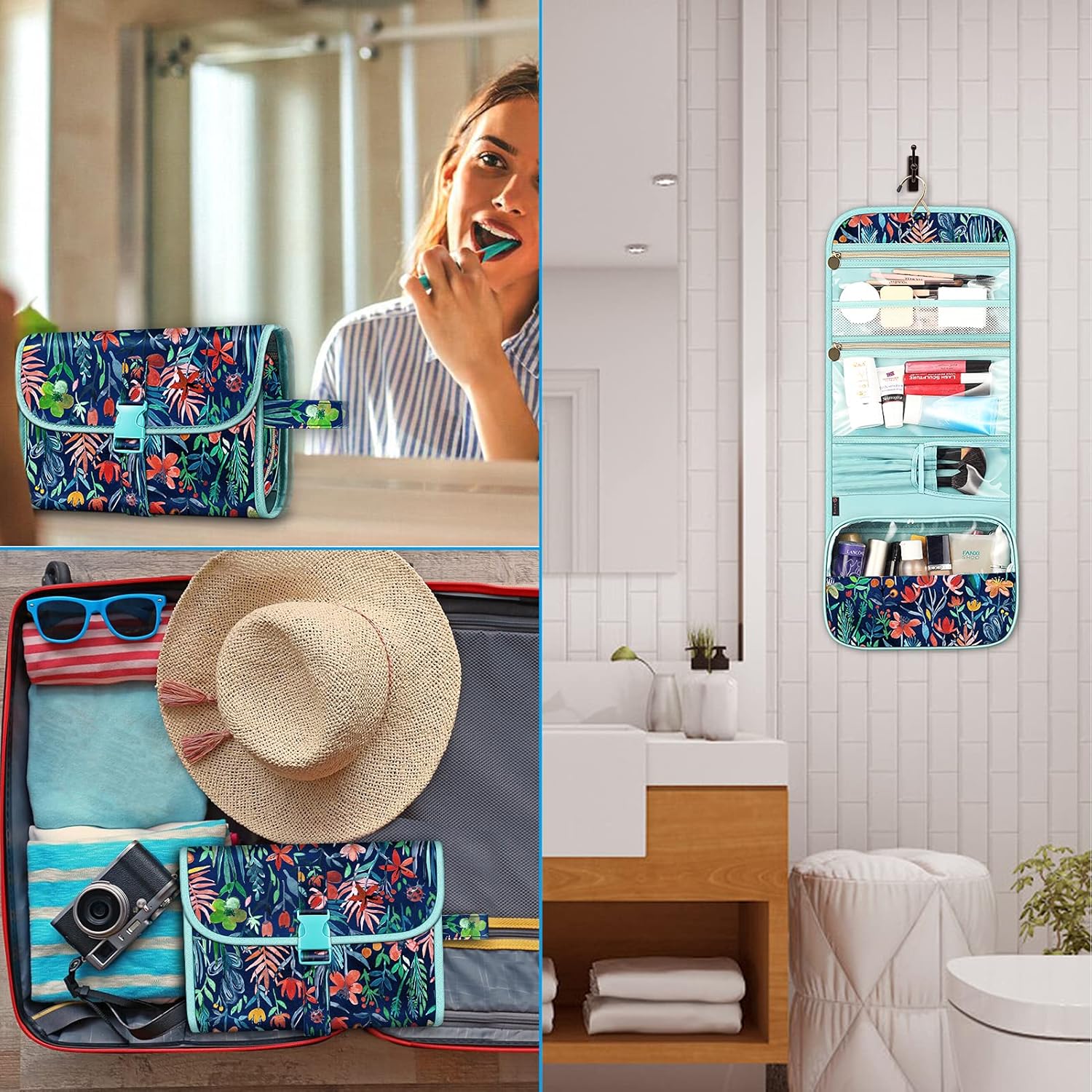 Fintie Portable Toiletry Cosmetic Travel Bag, Large Water Resistant Hanging Makeup Organizer Storage Pouch Case for Women Girls (Jungle Night) - Image 6