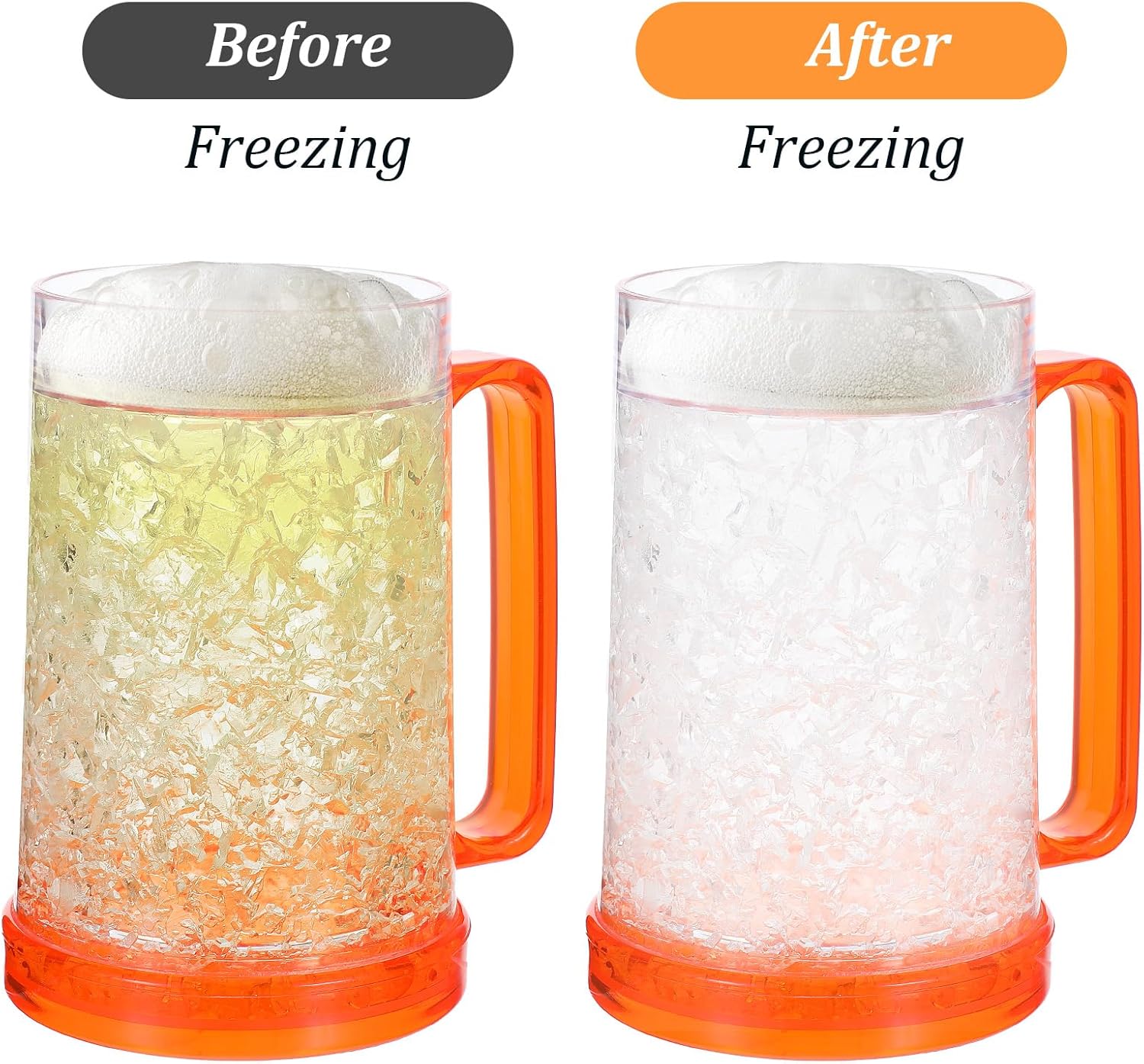 4 Pack Freezer Beer Mugs, Double Wall Gel Frosty Freezer Ice Mugs, Plastic Beer Mugs With Handles for Parties and Gifts, 16oz (Blue, Red, Orange and Green) - Image 3