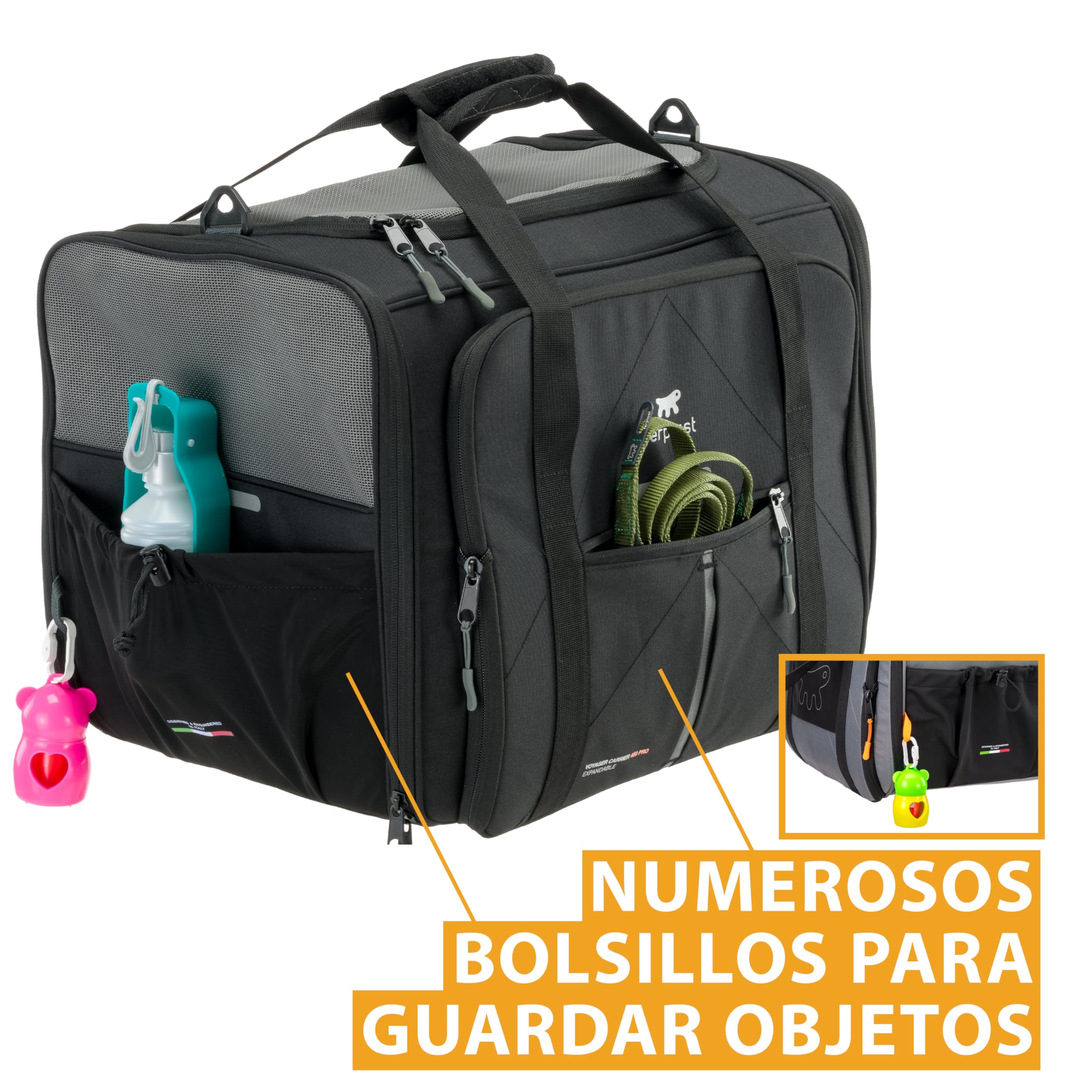 Ferplast Transportín Gato Voyager Pro, Transportín Perro, Mochila para Gatos, Asas y Bandolera Regulables, Correa de Seguridad, Extensible, con Cojín, Máx. 15 kg, 49x37x39h cm, Negro