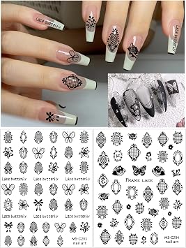 EBANKU 9 Sheets Lace Nail Art Stickers, Black Lace Flower Design