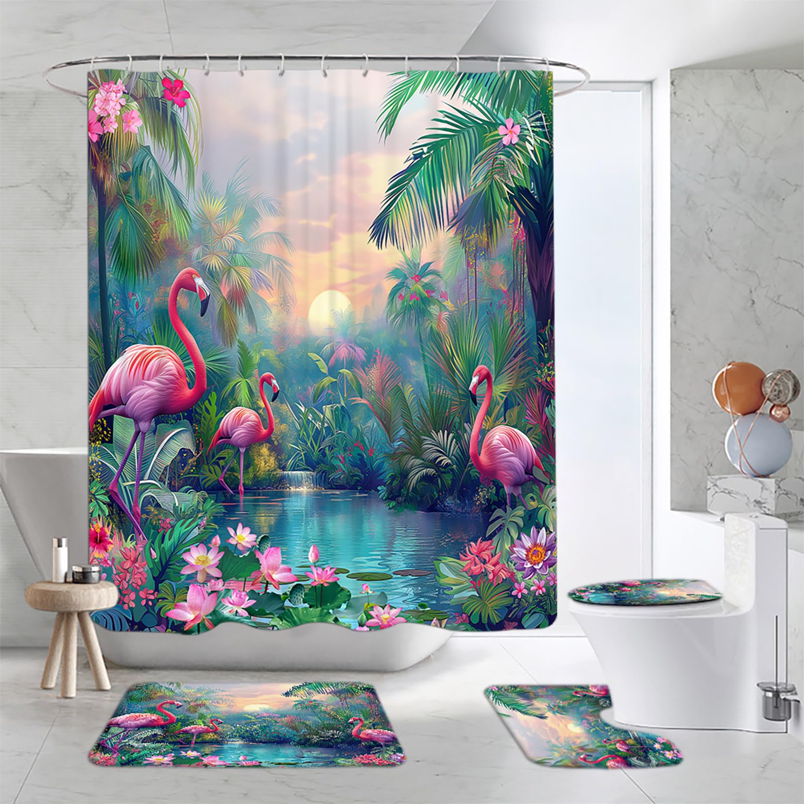 ZNLSU 4 Piece Tropical Rainforest Shower Curtain Set Pink Flamingo Green Plant Flower Jungle 70"x70" Bathroom Curtain with Hooks,17.8"x29.5" Bath Mat,