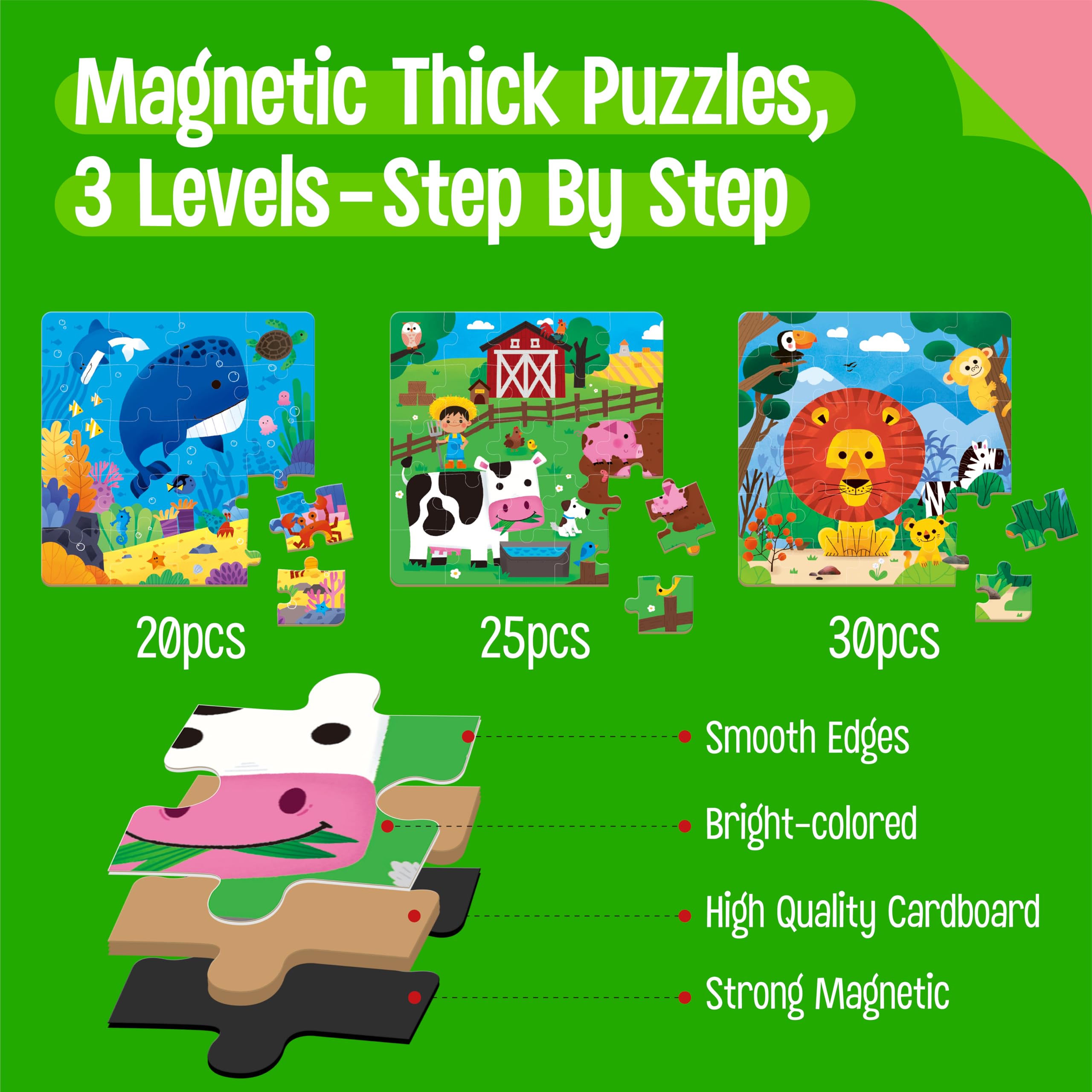 Puzzle Magnetici per Bambini 3-5 Anni, 3 Puzzle da Viaggio con 20-30 Pezzi, Giochi di Sudoku Magnetici Tema Animali