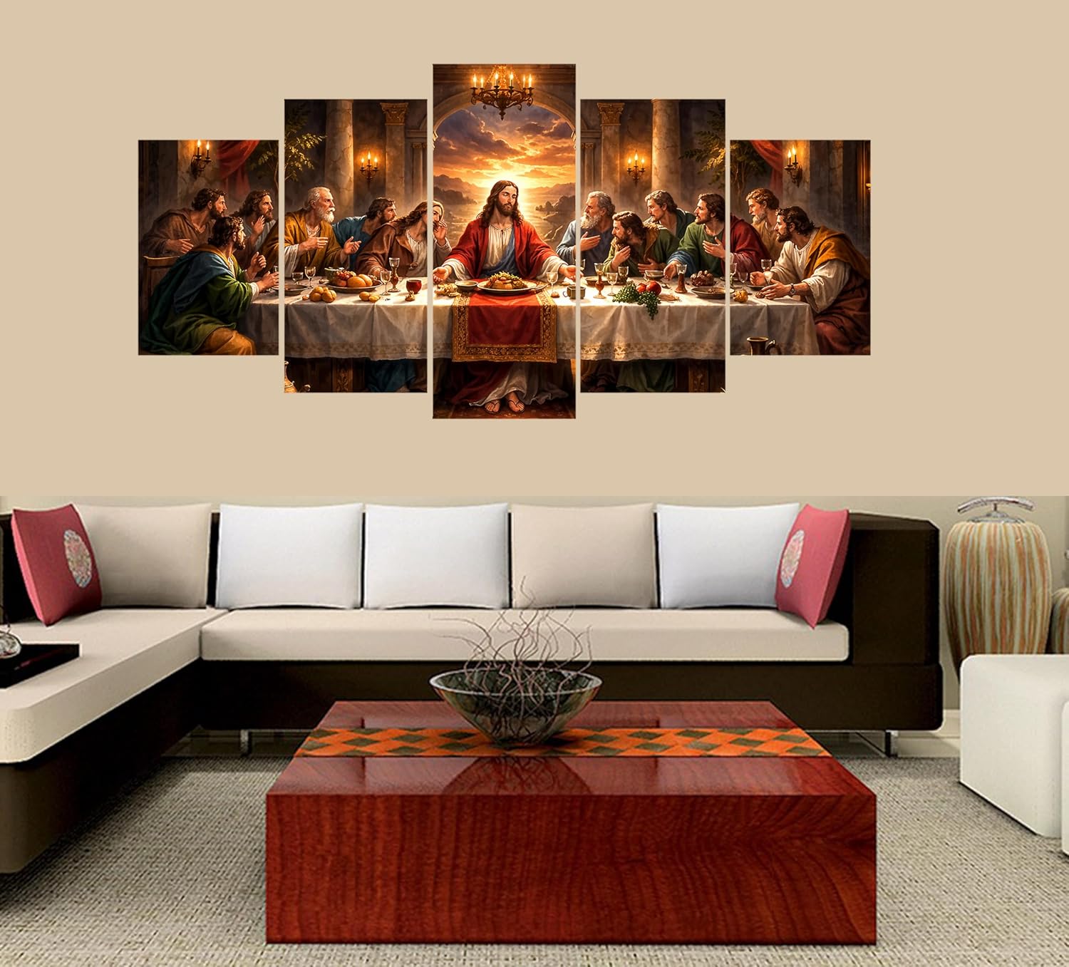 5 Piece Framed Canvas Wall Art Five Panel Sacred Supper Gathering Painting Panel and Piece Classic Spiritual Artwork Wall Decor for Living Room Dining Area Bedroom Office Home Interior Faith Inspired Display