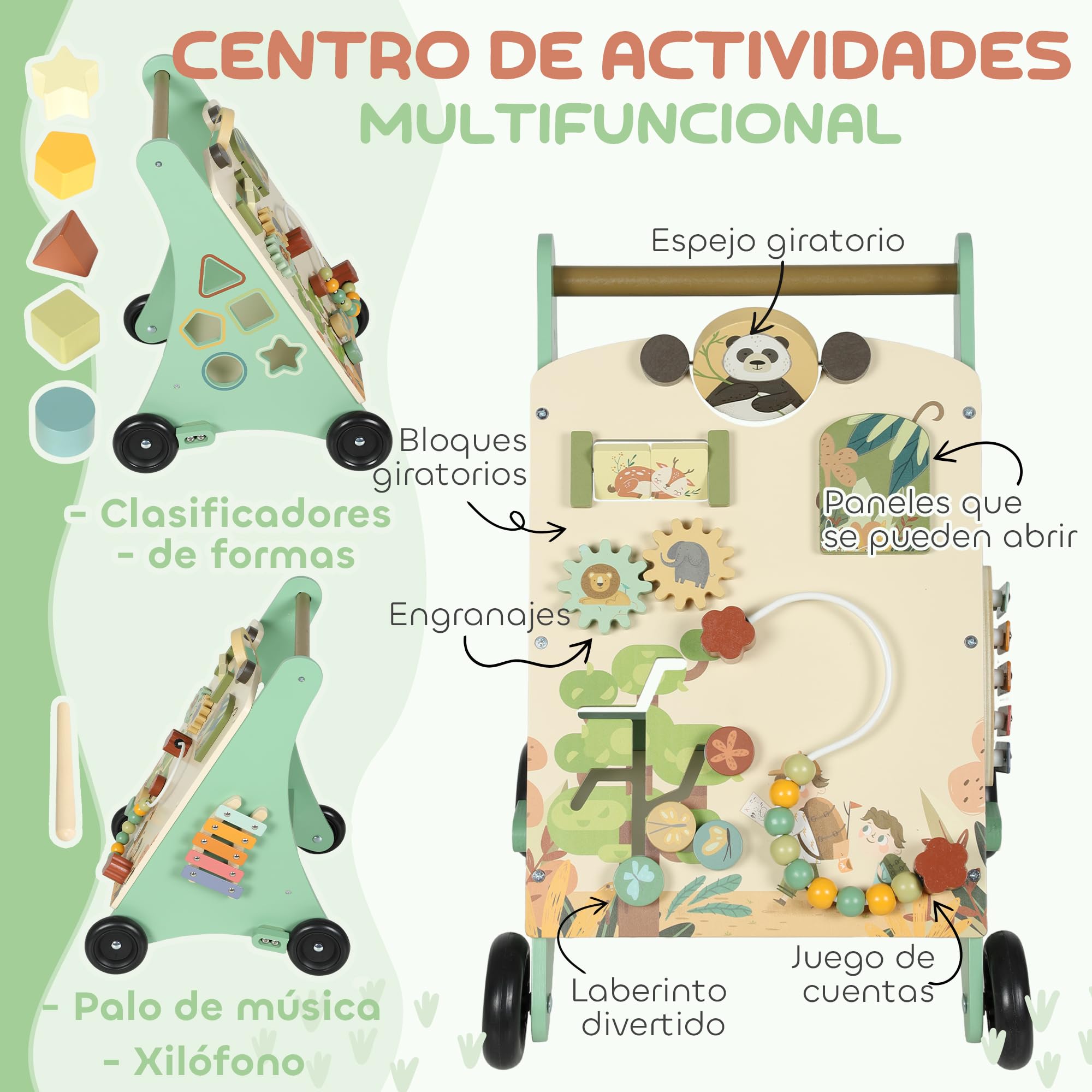 AIYAPLAY Andador Madera Bebé, Juguete de Andador, Centro de Actividades de Aprendizaje Montessori Control de Velocidad, con Xilófono, Engranajes, Laberinto, Cuentas, Para Niños de +18 Meses, Verde