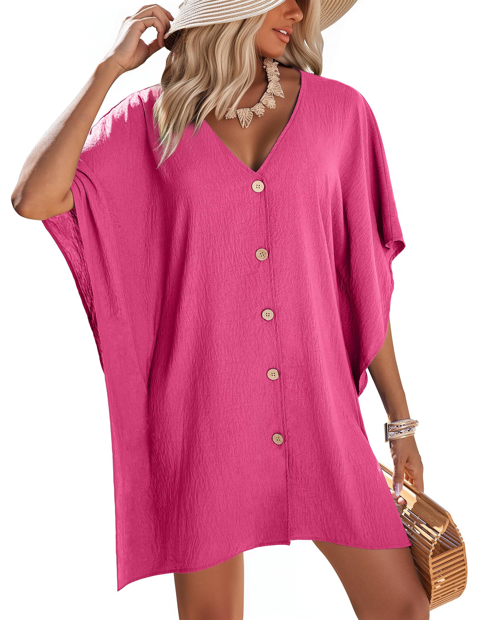 Womens Swimsuit Cover Up Button Down Bathing Suit Coverups 3/4 Sleeve Beachwear Oversized Bikini Shirt Dresses S-XXL