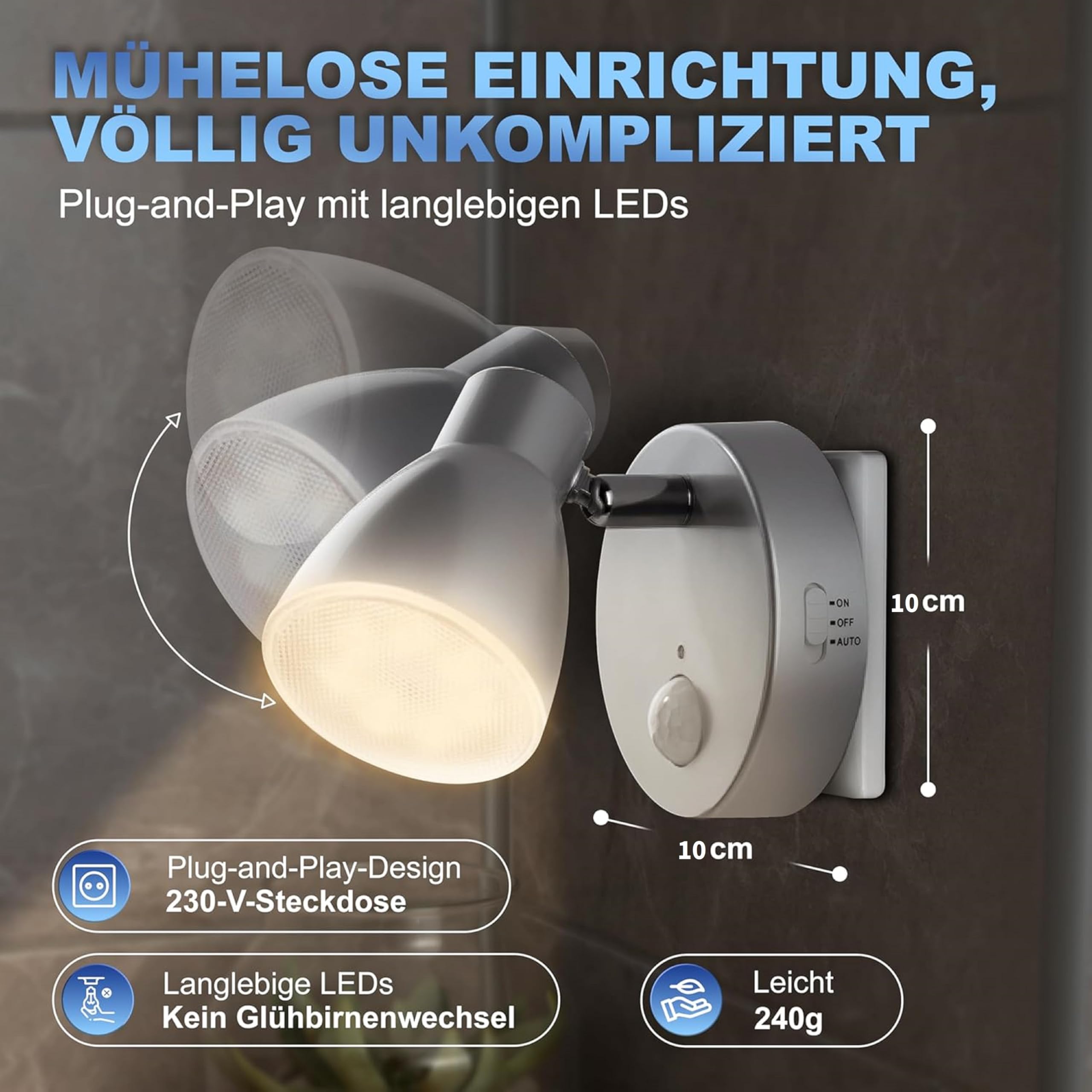 Trango 2er Set Sensor LED de luz nocturna TG2635-024 en plata con función automática 230V con sensor de movimiento, luz de seguridad, lámpara de enchufe, lámpara de pared, luz de orientación