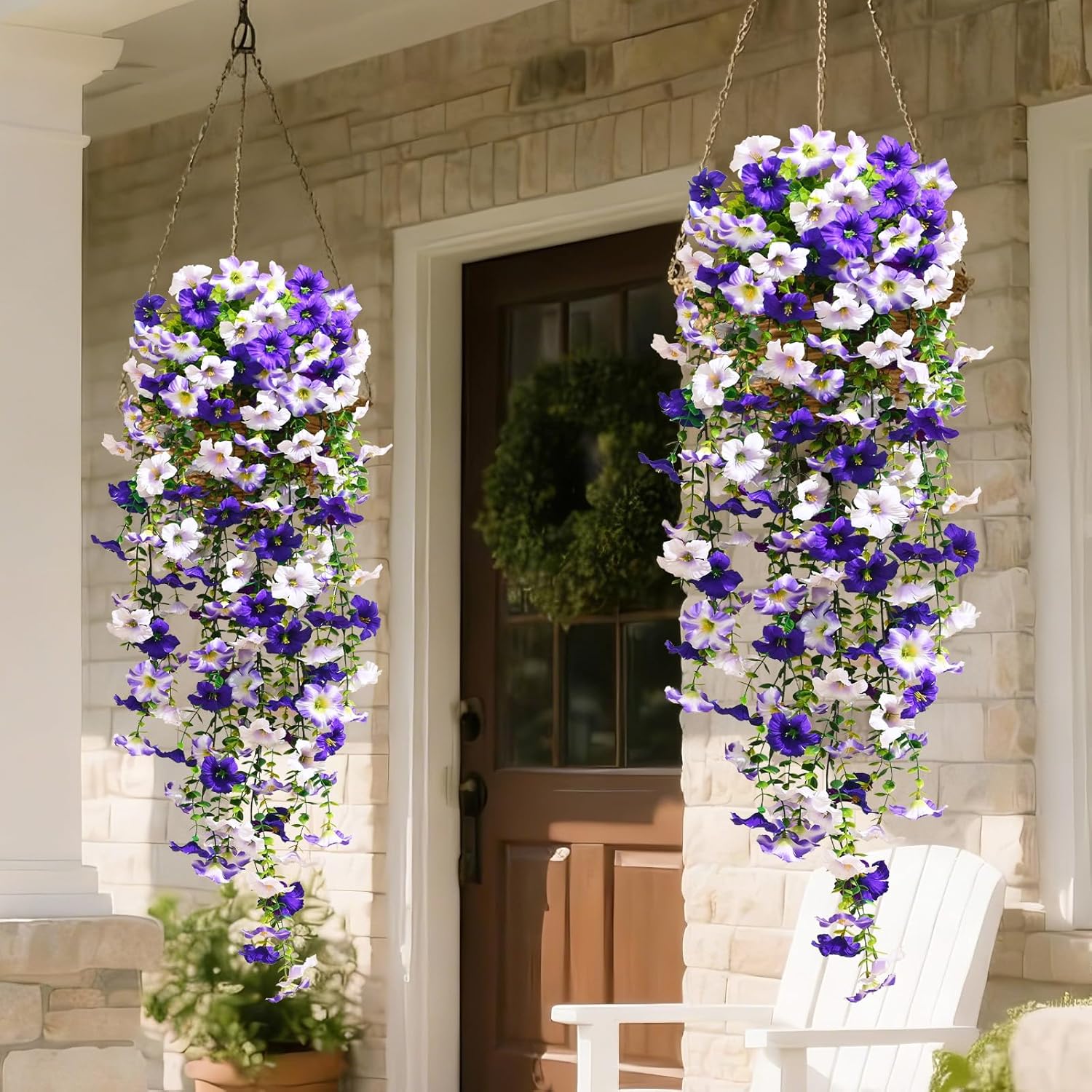 Waipfaru Artificial Petunias Flowers for Outdoors, 4 Pcs UV Resistant Fake Hanging Plants Spring Outside Decor, Faux Silk Flowers Long Trailing Vines for Outdoor Planters Porch Garden (Purple White)