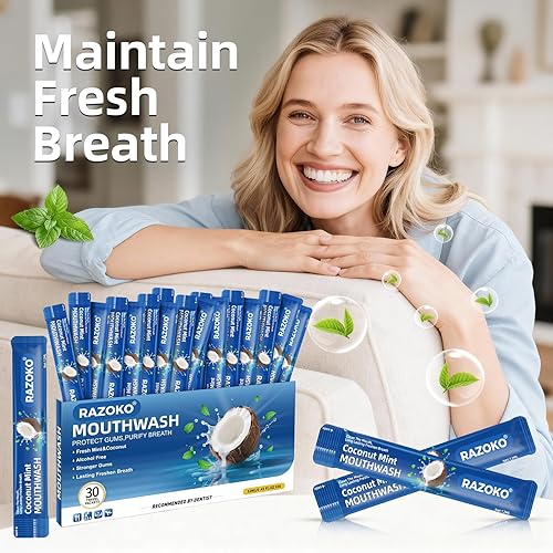 Miniatura 8 de RAZOKO Enjuague bucal de tamaño de viaje, paquetes portátiles para llevar, enjuague bucal sin alcohol ni flúor para higiene bucal, menta fresca +