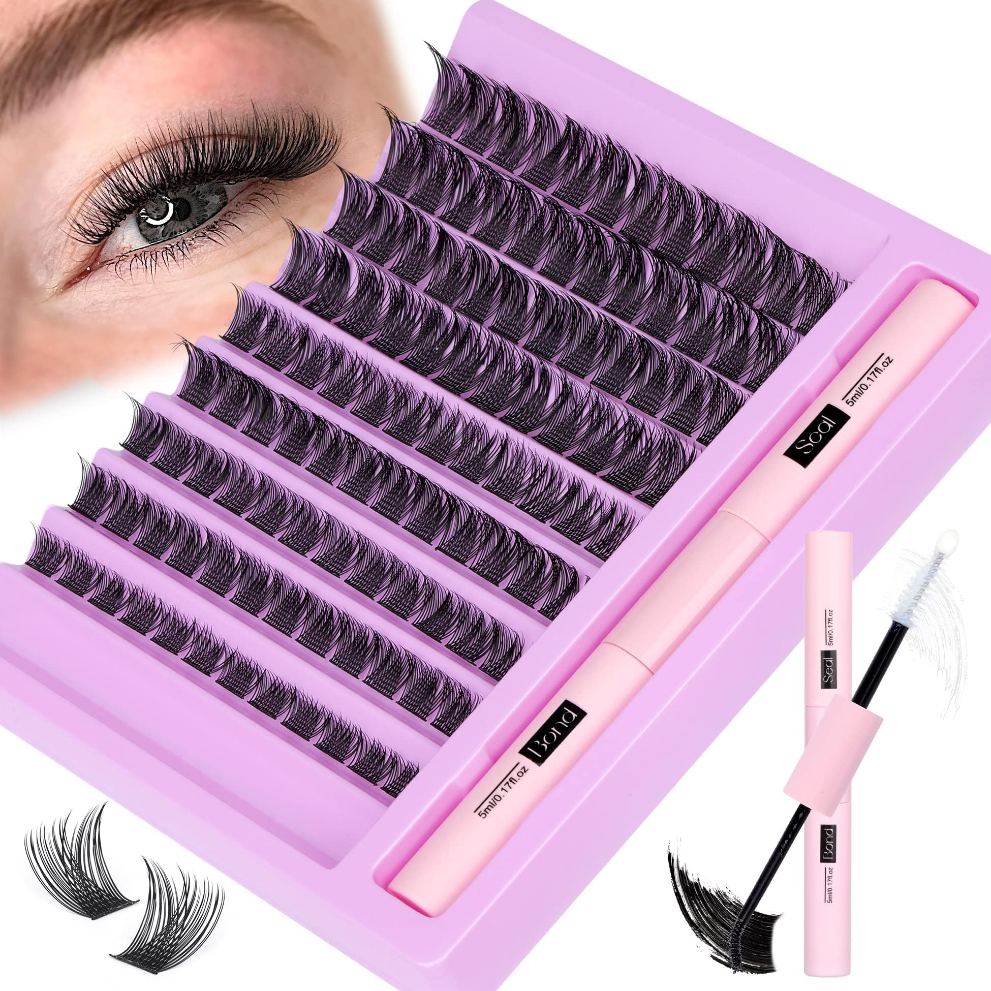 Newcally Lash Extension Kit Cluster Lashes Kit Lash Clusters 108 Pcs, Lash Bond and Seal DIY Eyelash Extensions Kit Individual Lashes C D Curl Strips Lash Extensions 8-16mm Eye Lashes Clusters Set