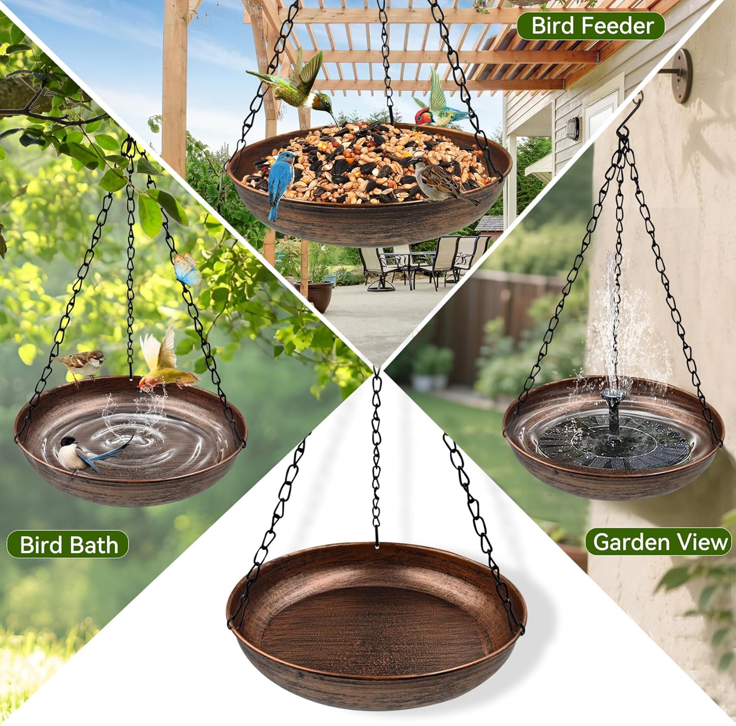 Hanging Bird Bath for Outside, 10" Metal Bird Bath Bowl with Chains & Hook+Solar Fountain Pump, 7.1" D Solar Powered Water Fountain Outdoor Hanging