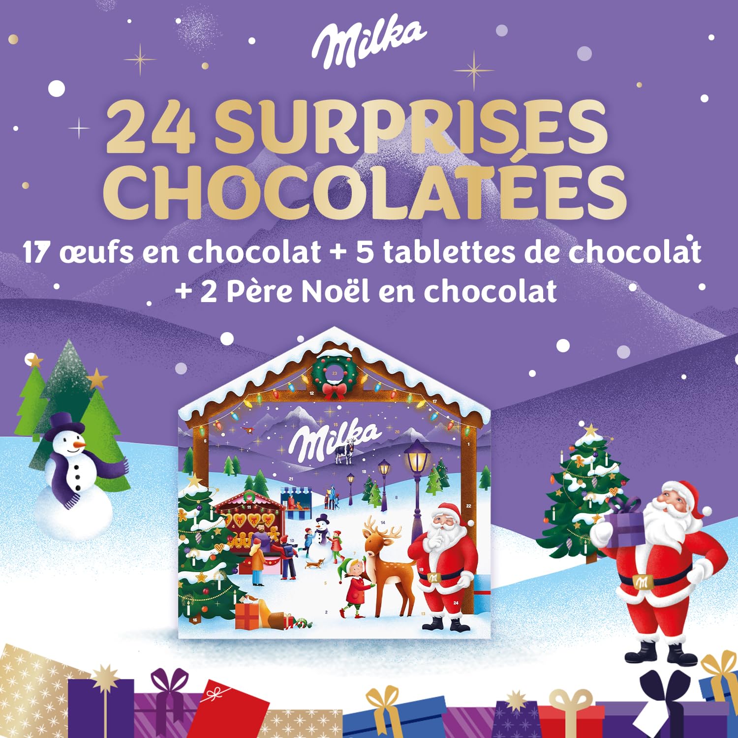MILKA - 1 Calendrier de l'Avent Magic Mix Milka - Assortiment d'œufs, tablettes et Père Noël en Chocolat au Lait du Pays Alpin - 1 Calendrier de 147g