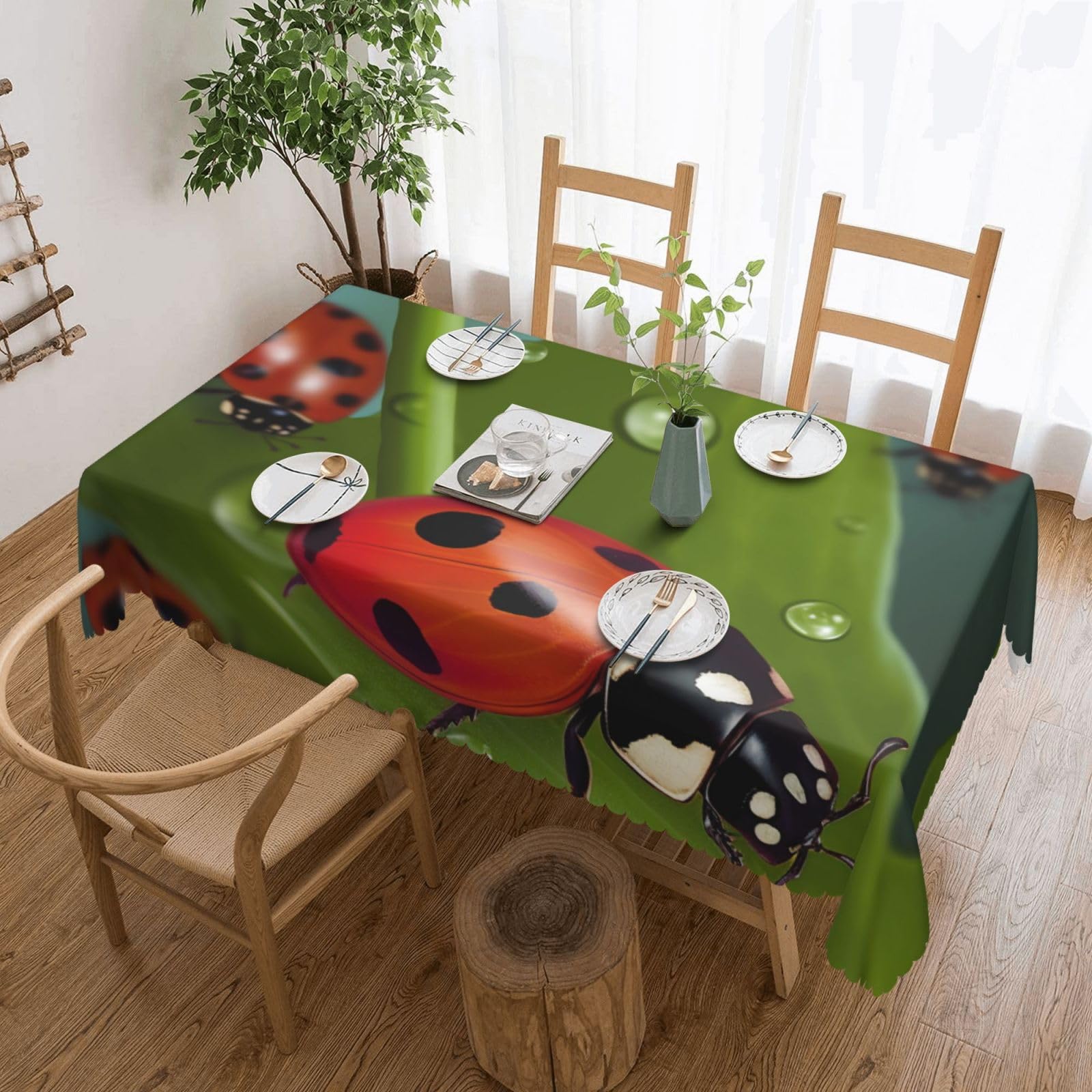 WPKJU Ladybug Printed Rectangle Tablecloth 72x54 Inch with Lace Trim, Water-Resistant Washable Table Cover for Farmhouse Weddings, Outdoor Picnics & Holiday Dining