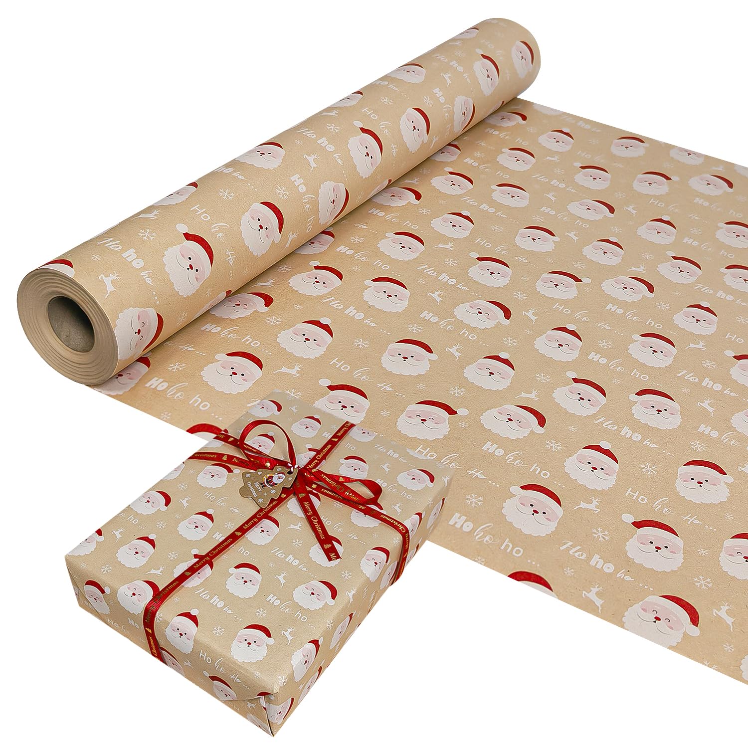 Christmas Wrapping Paper Roll,44cm×15M Recyclable Kraft Christmas Wrapping Paper with Festive Santa Claus Pattern for Xmas Gift Wrap Present Party Decoration