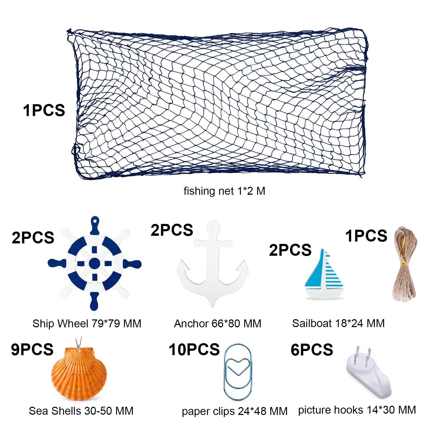 SZHUGEKI 1 rete da pesca decorativa da 2 m, decorazione a rete da pesca naturale, decorazione per feste, bagno