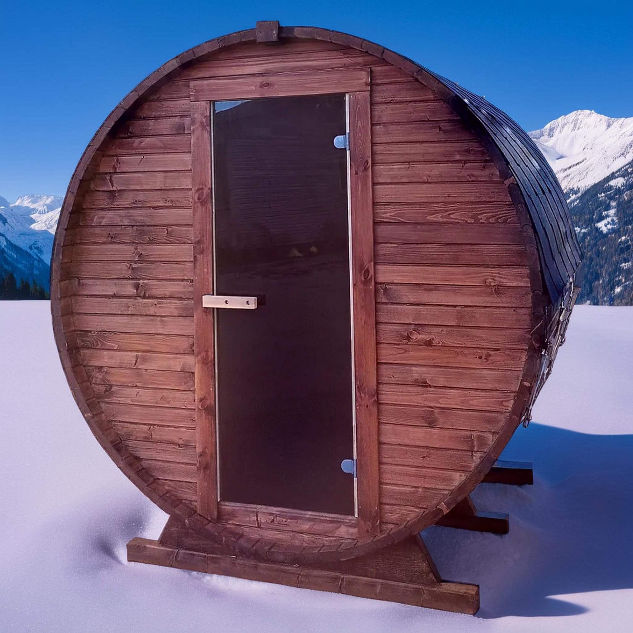 Gartensauna Fasssauna aus Holz für 4 Personen, Rund | Mit LED-Beleuchtung Außensauna für Garten & Terrasse (Dachfarbe: Braun, Anthrazit)