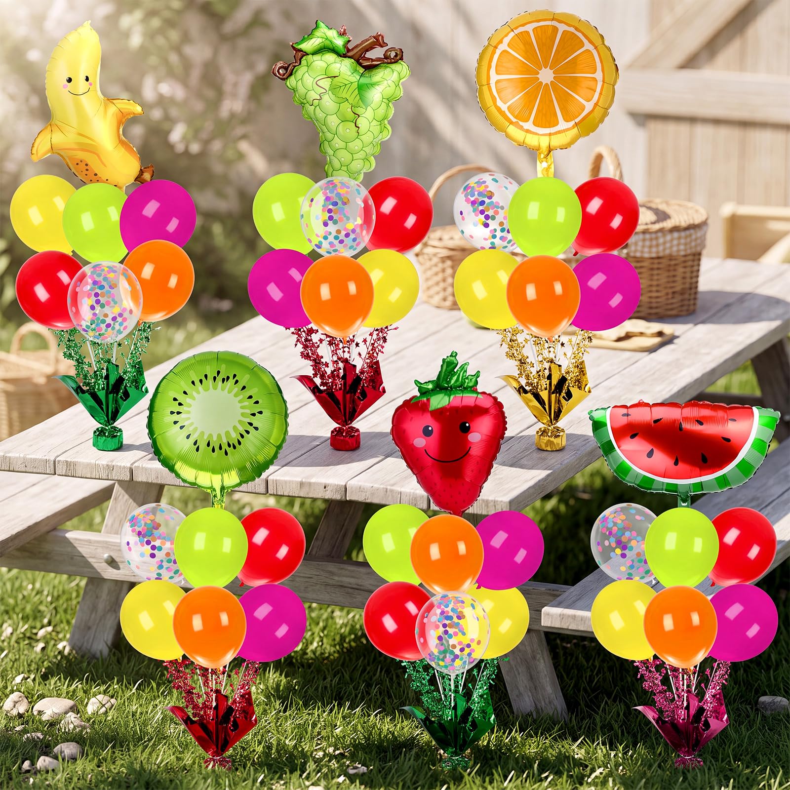 Civaner 6 juegos de decoración de fiesta de frutas, soporte de globos de verano, centros de mesa, kit de soporte de globos de frutas, decoración de sandía tropical para boda, cumpleaños, ducha