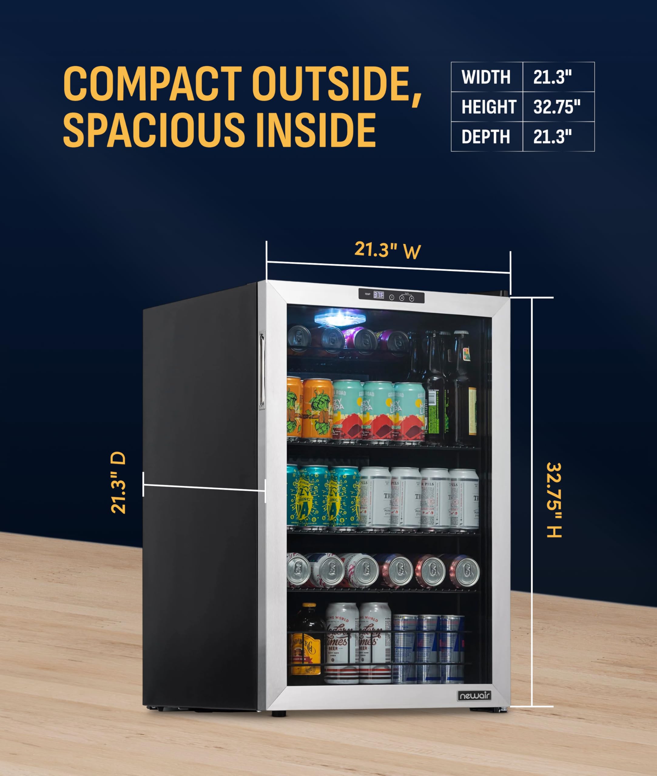 NewAir 160 Can Beverage Refrigerator | Freestanding Small Mini Fridge For Bedroom, Home Bar Or Living Room | Splitshelf Storage, Digital Thermostat & LED Light | Stainless Steel on Fridge.com - View 4