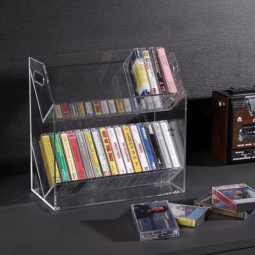 Miniatura 9 de MyGift Soporte para casetes compactos de acrílico negro de 2 niveles con asas de transporte recortadas, cintas de casete de audio retro, soporte de