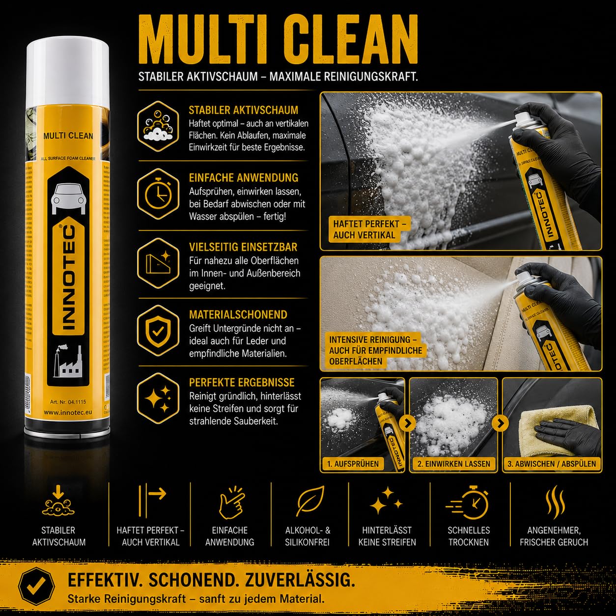 2 Stück Innotec Multi Clean - Universal Schaumreiniger 600 ml Lederreinigung Polsterreinigung Autositzreinigung Innenraumpflege - Aktivschaum für nahezu allen Flächen - Reinigt schnell, effizient