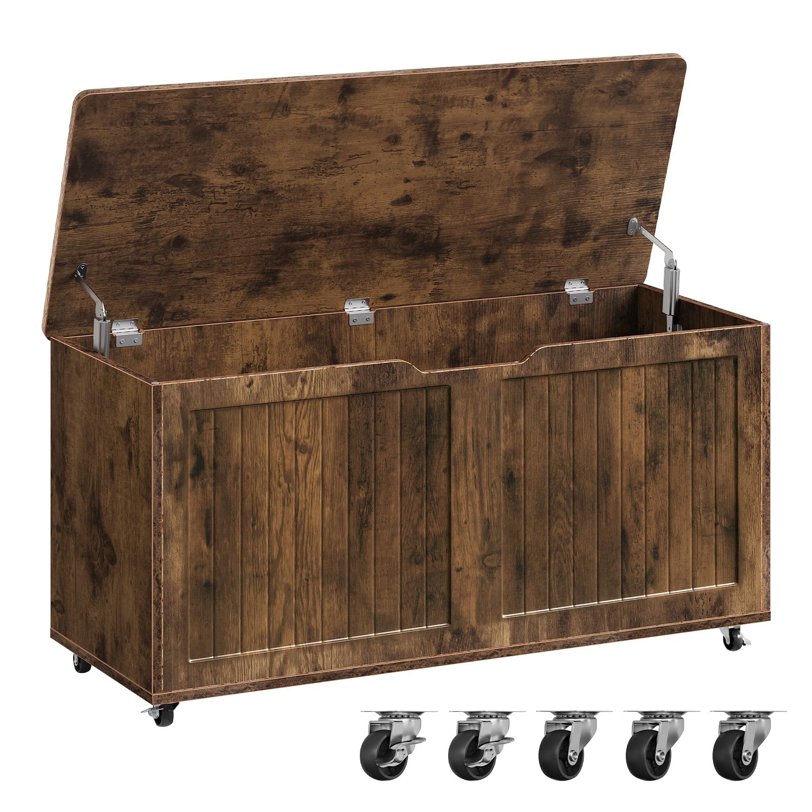 WOLTU Banc de Rangement à roulettes, 100 x 50,5 x 40 cm, Coffre de Rangement avec Couvercle Rabattable à Charnières, pour Chambre, Entrée, Salon, Brun Rustique