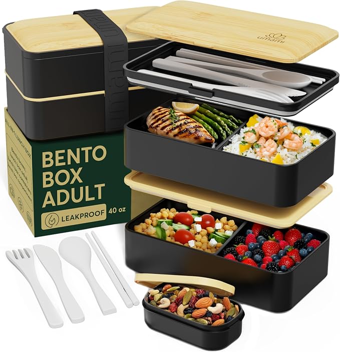 Umami Bento Box Adult All-In-1 w/4 Utensils, Big Sauce Jars, 2 Dividers, 100% Leakproof, Microwave & Dishwasher Safe, Stackable Bento Lunch Box Containers for Men/Women, Black & Bamboo, 40 oz