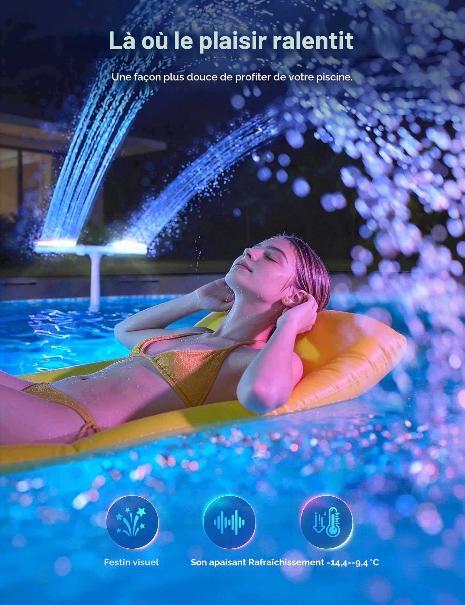 POOLHACKER Fontaine de piscine solaire avec éclairage LED 10 couleurs, design nouvellement affiné, capteur crépusculaire automatique et minuterie, télécommande, jet réglable à double tête pour