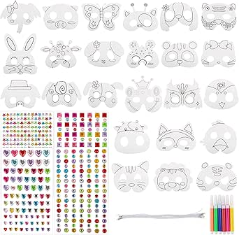 24 Stück Tiermasken Zum Ausmalen - Mit Strasssteinen Für Kindergeburtstage