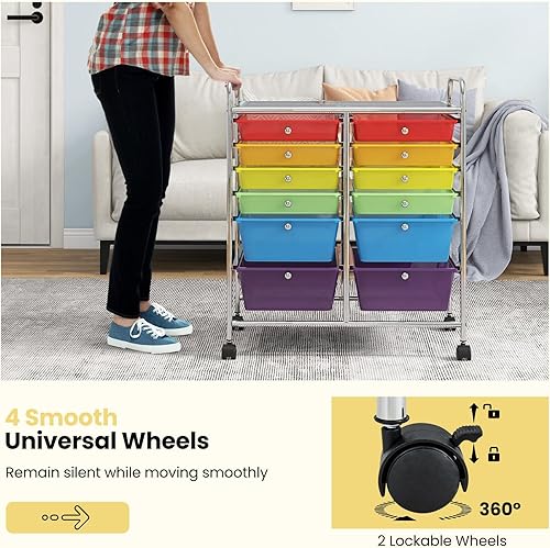 Miniatura 6 de Julimoon Carrito de almacenamiento con ruedas de 12 cajones, carrito organizador de almacenamiento multiusos con ruedas bloqueables, carrito móvil