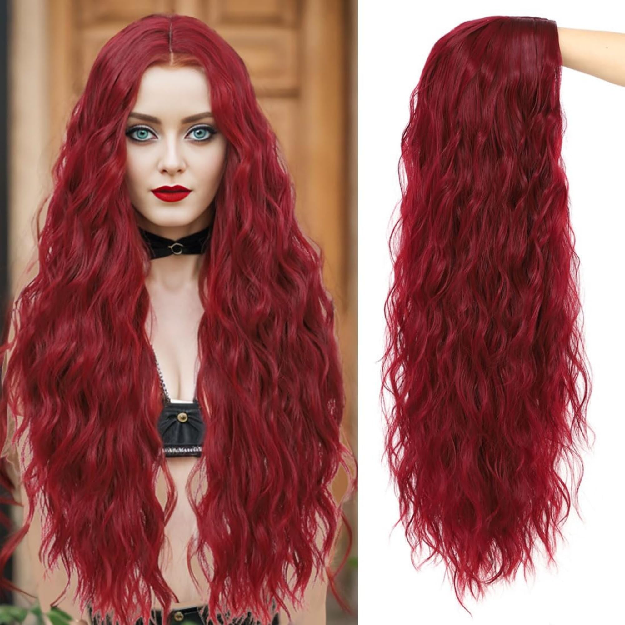 Miuric 30 Inch Burgundy Wigs for Women Wine Red Wig 99J Long Wavy Wig Natural Looking Middle Part Synthetic Heat Resistant Wigs for Cosplay Halloween