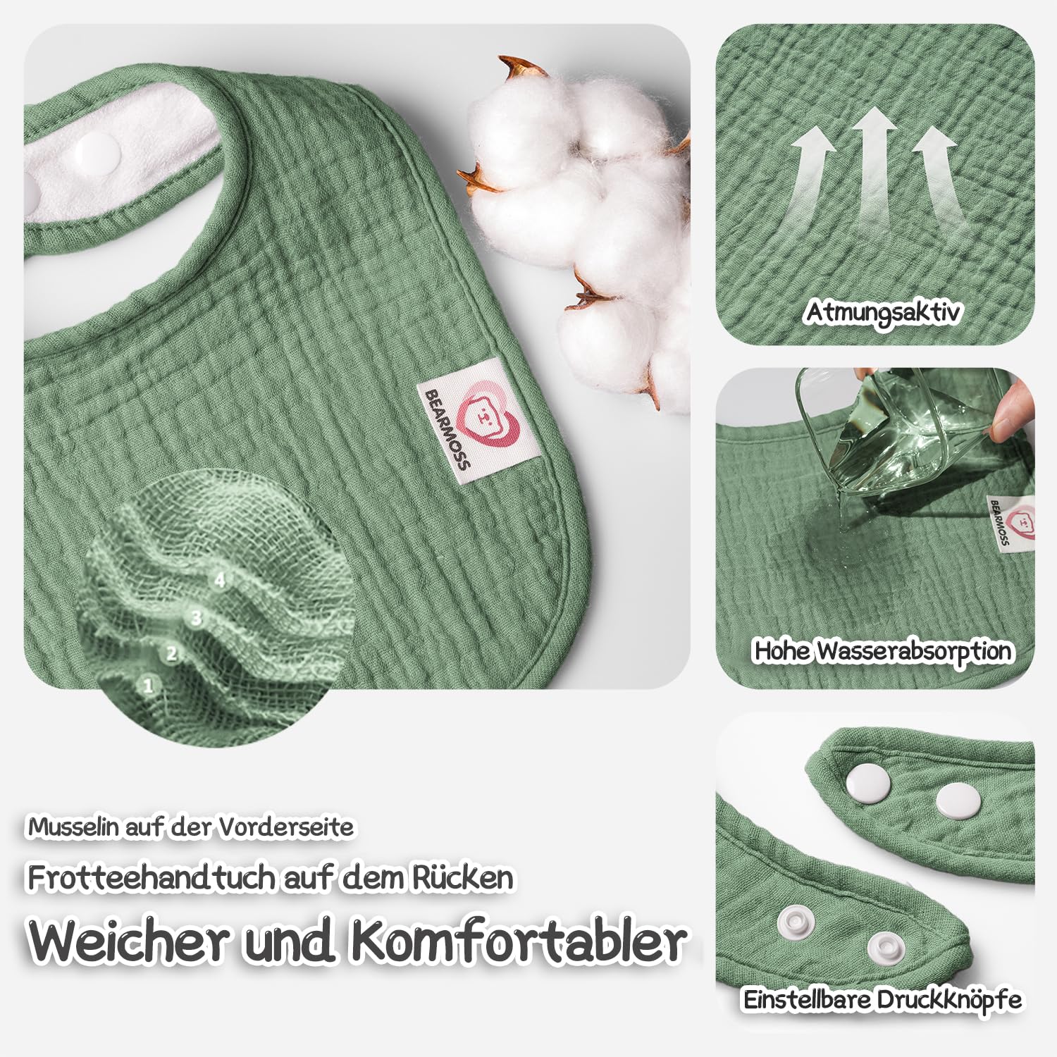 bearmoss Bavaglino Neonato, 100% Cotone, Bavaglino Quadrato per Bambini, Bavaglini Regolabili, Morbidi Bavaglini per Bambini e Bambine, 8 Pezzi