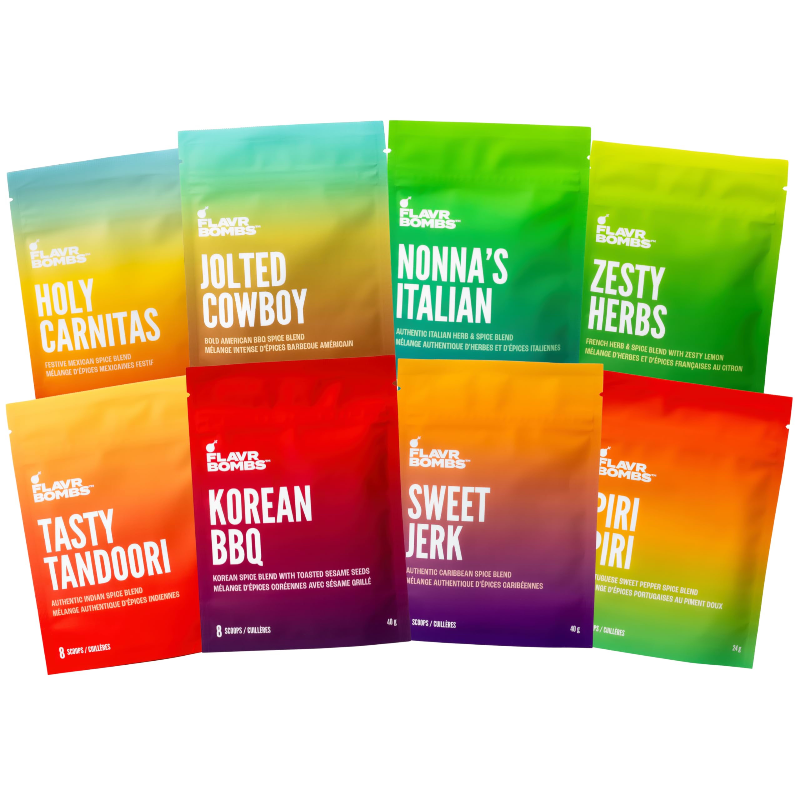 FLAVRBOMBS Ultimate Flavour Spices Gift Set 8-Pack | Complete Cooking & Barbecue Collection | Spice Set with 8 Premium Seasonings Including Mexican, Tandoori, Italian & More Spices | Keto Premium Cooking Gift | Perfect for Grilling & Meal Prep | Includes Scoops & Cookbook | Made in Canada