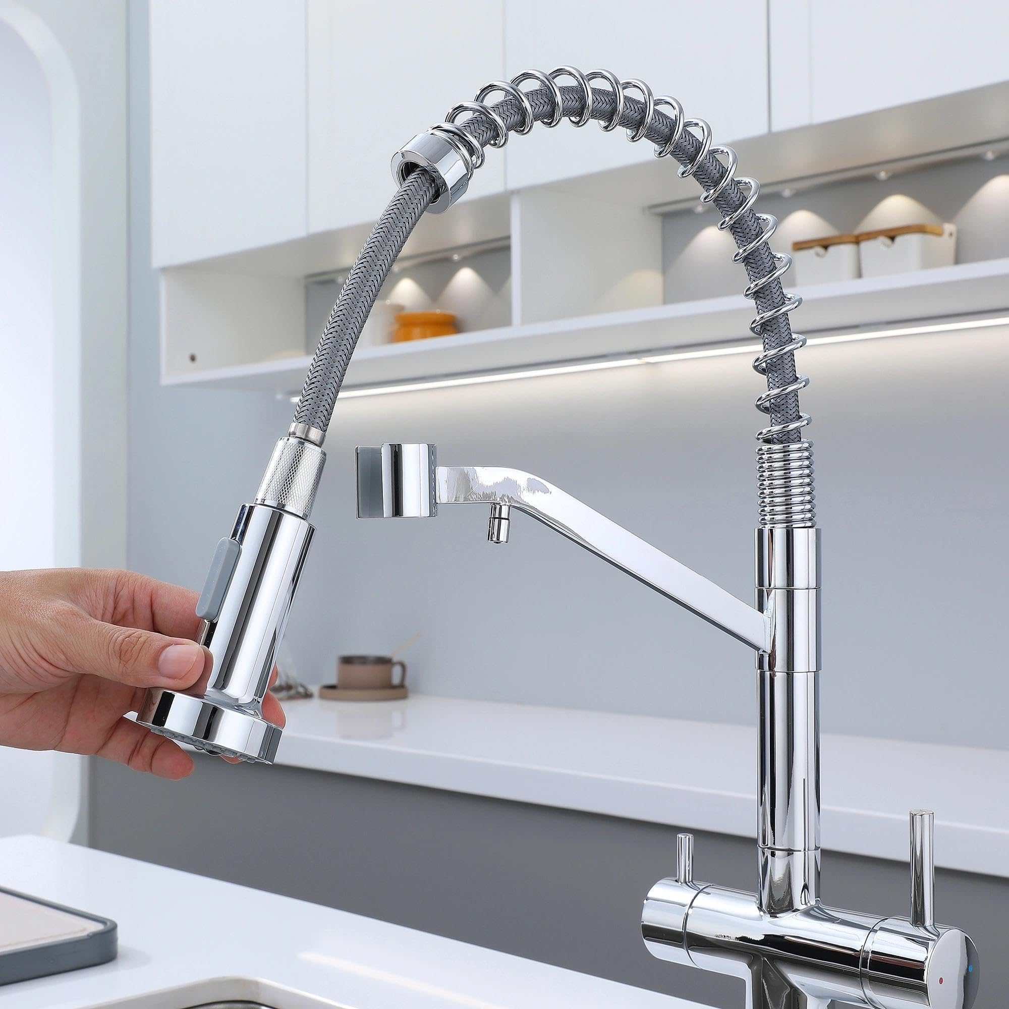 Grifo de Cocina 3 Vías para Ósmosis, Flexible, Latón Cromado | Agua fría, caliente y filtrada por conductos y salidas separadas, con rociador de 2 modos para limpiar con mayor alcance