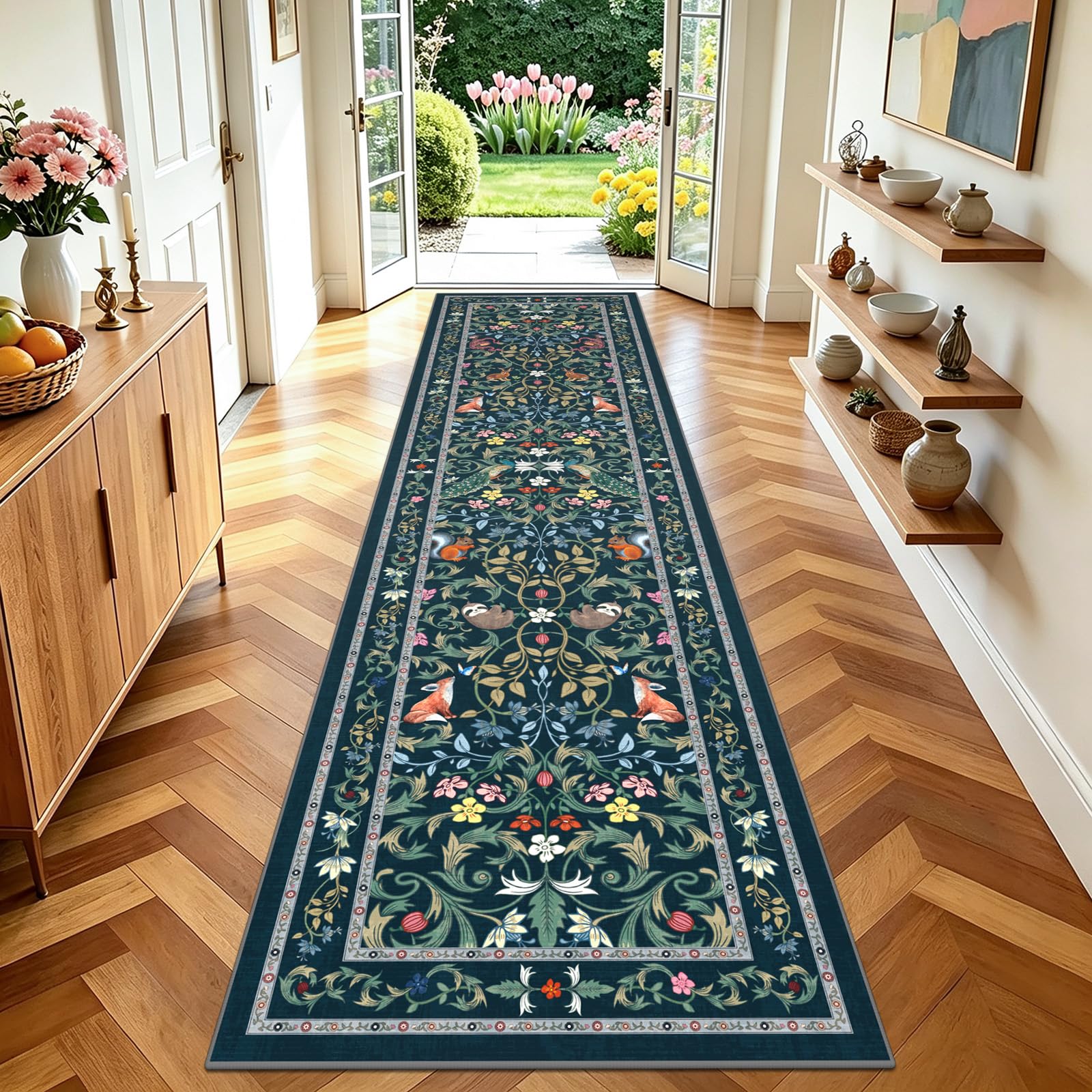 TUKDAK Runner Rugs for Hallway Non Slip 60x240cm, Blue Animal Washable Kitchen Carpet Runner, Boho Forest Floral Long Hall Rug for Entryway Bedroom Laundry Living Room, Low Pile Non Shedding
