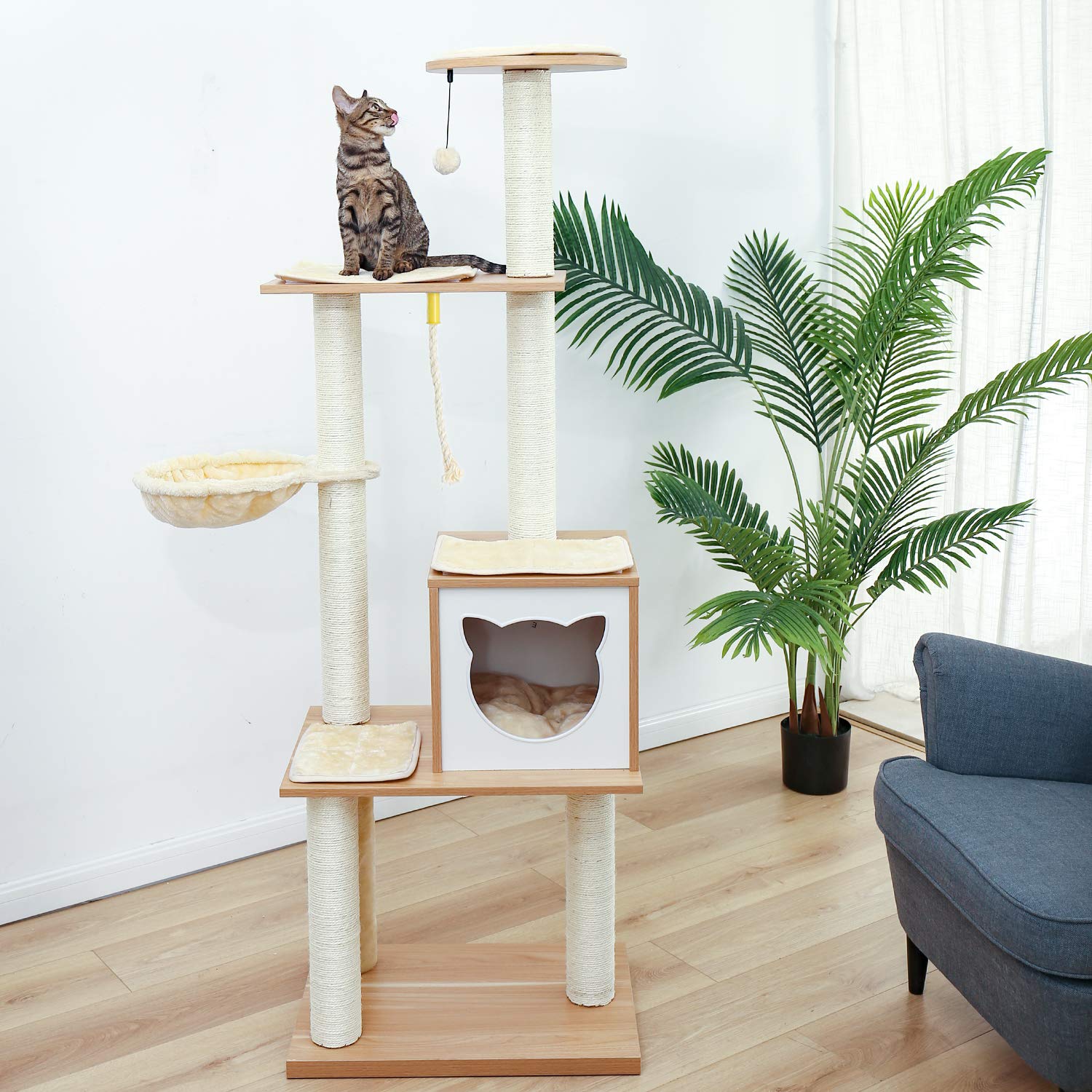 Made4Pets Cat Tree, Modern Cat Tree Tower for Indoor Cats - 65" Tall Wood Condo with Hammock, Scratching Post and Removable Pads for Small Large Cats, Beige