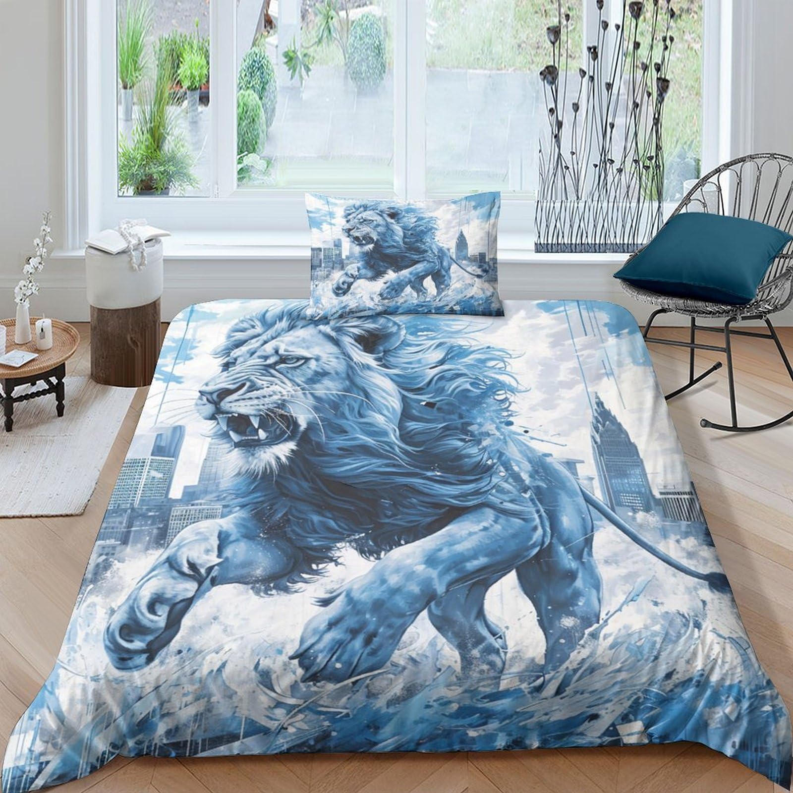 Housse de couette lion anti-plis microfibre respirante douce lit 1 place