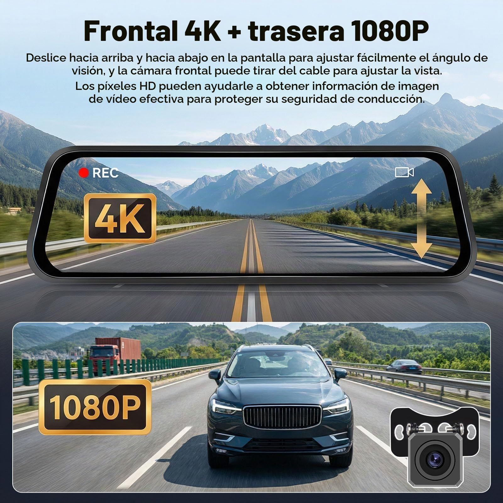 SIXTOP Cámara de Salpicadero Espejo 9,66 Pulgadas y Cámara de Visión Trasera | 4K Frontal + 1080p Trasera | Visión Nocturna WiFi y Control Aplicaciones BSD LCA Sensor G Grabación en Bucle