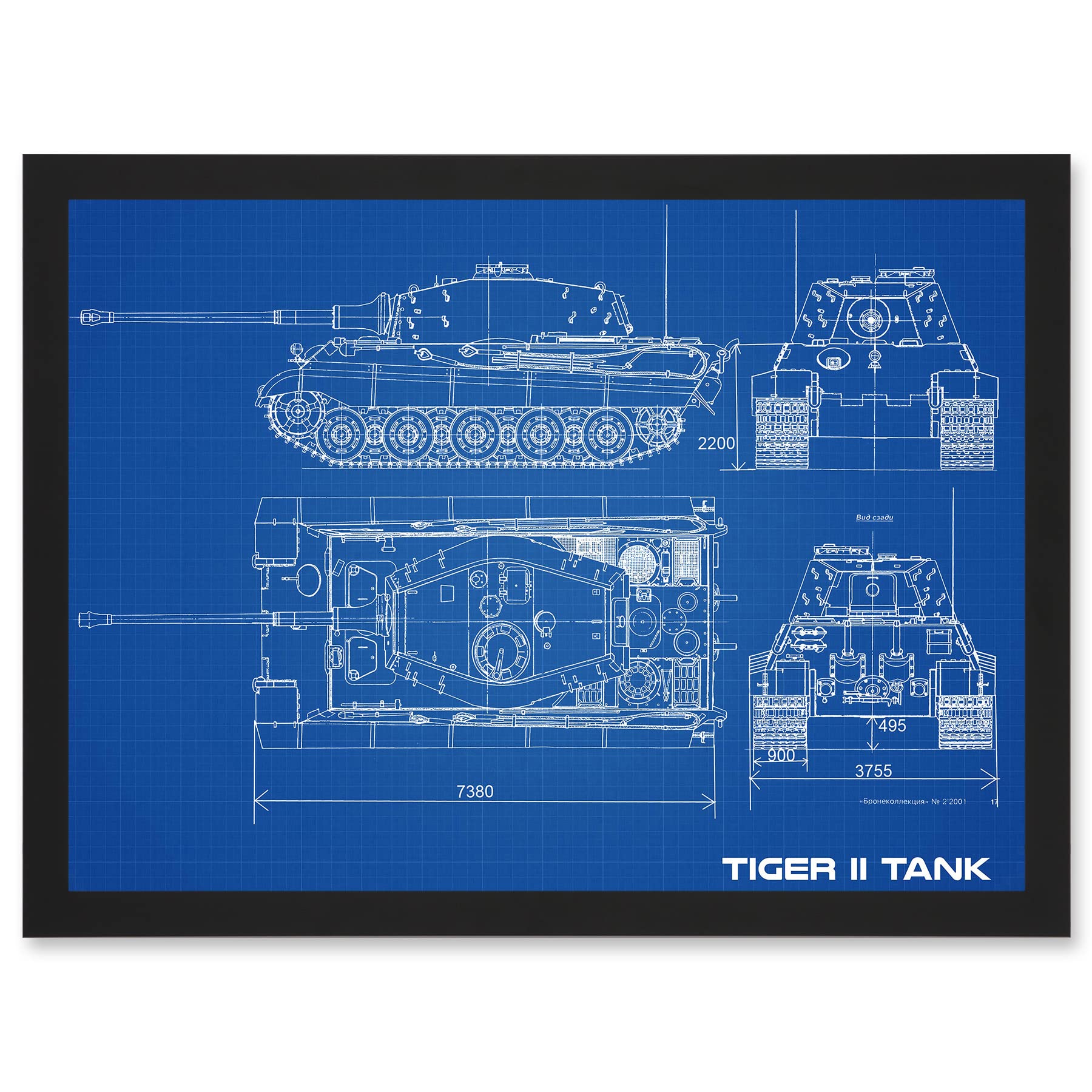 Artery8 Military Tiger II Panzer Kampfwagen Heavy Tank Blueprint Plan Artwork Framed Wall Art Print A4
