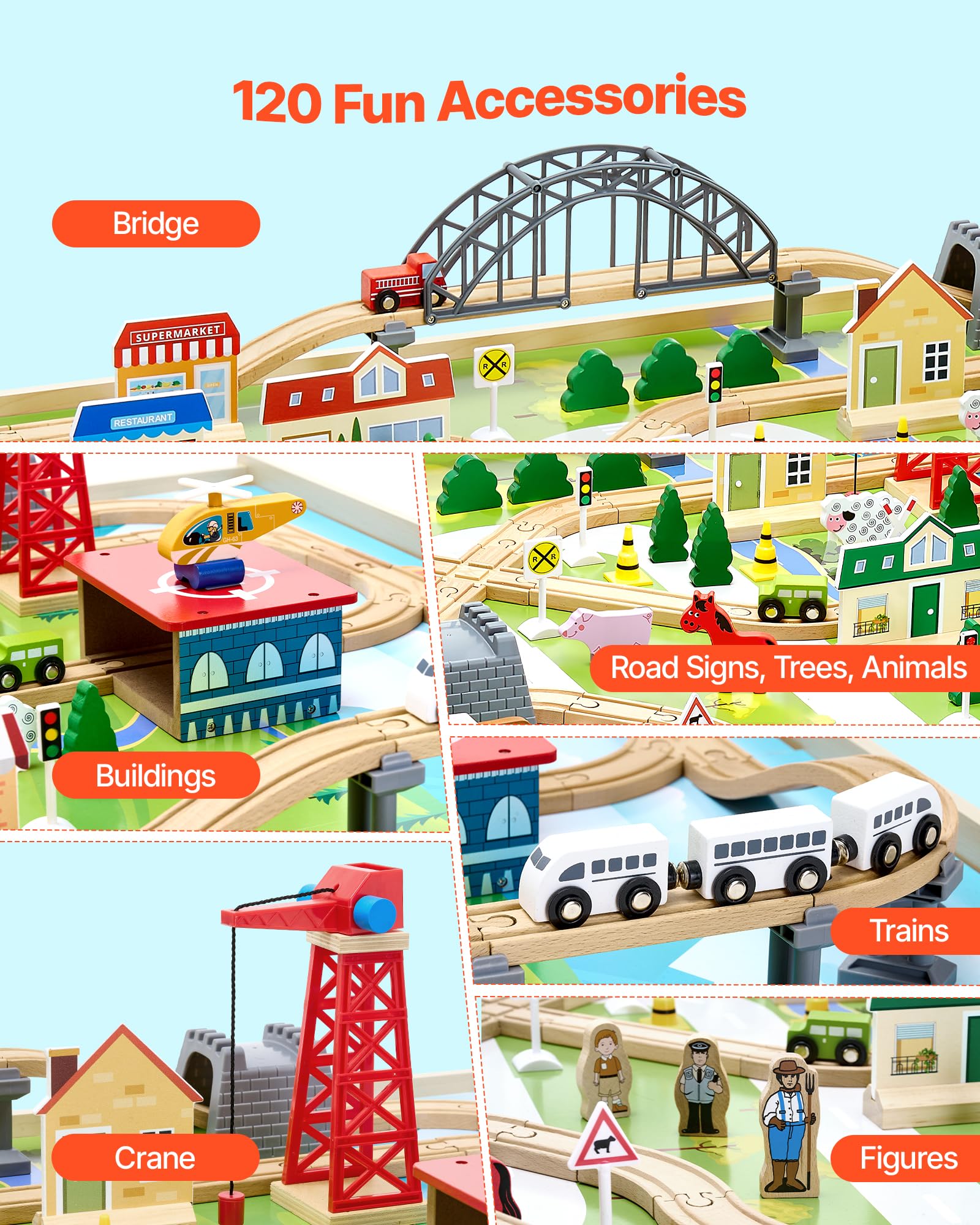 VEVOR Holz Aktivitätstisch, 120-teilig, mit zusammenklappbarem Aufbewahrungsbehälter, 3-in-1-Eisenbahn-Set zum Spielen, Malen, Lesen, Essen, kreatives Spielzeug-Set für Kinder ab 3 Jahren