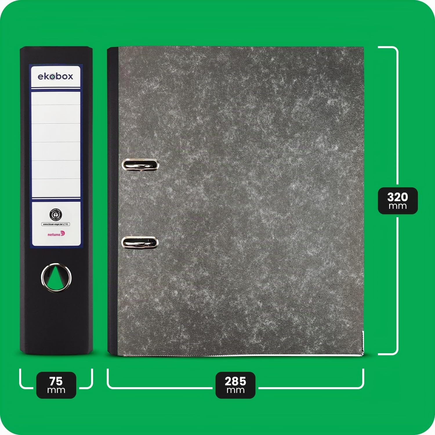 Netuno 20 piezas de Ekobox Archivador de Mármol color negro de 2 anillas lomo 75mm tamaño A4 de cartón para oficina estanterías carpetas escritorio