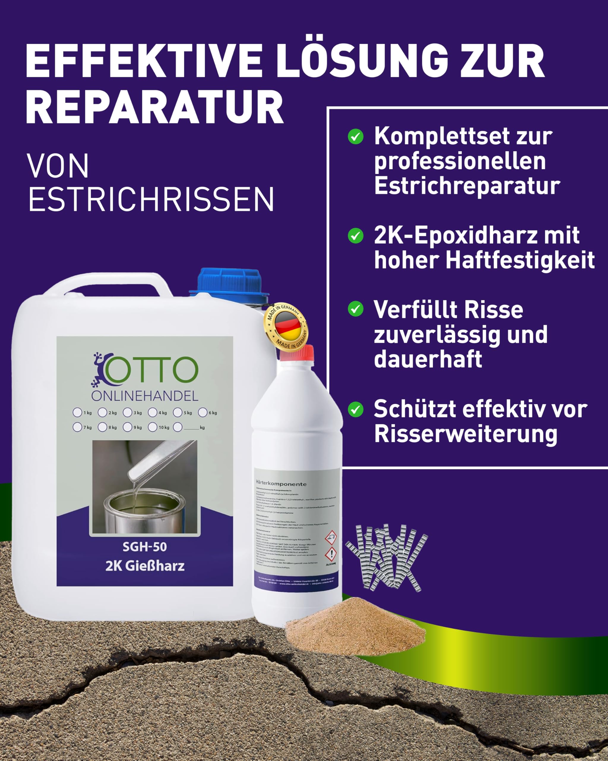 SGH-50 Gießharz (1,5 kg) Set zum Estrich reparieren (inkl. Estrichklammern und Quarzsand) farbloses 2K Epoxidharz Injektionsharz Vergussmasse Laminierharz zum Risse verharzen
