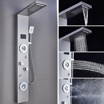 ELLO&ALLO LED Rainfall Waterfall Shower Head Rain Massage System with Body Jets Stainless Steel Bathroom Shower Panel Tower System, Brushed Nickel